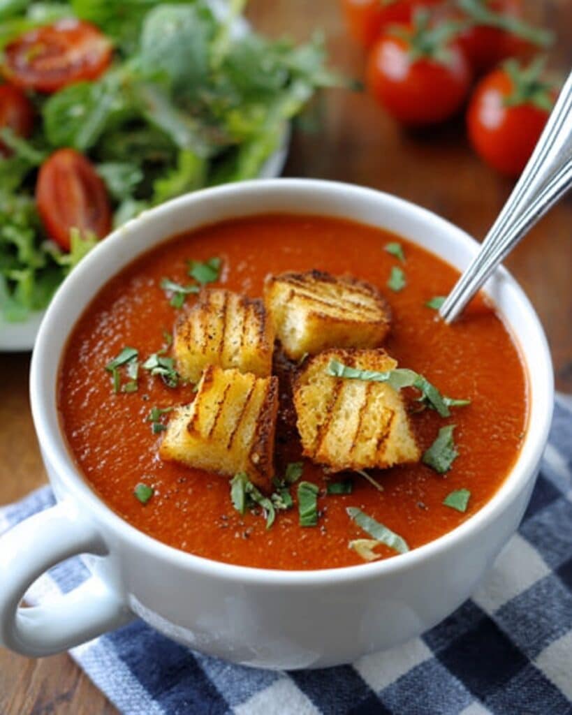 Creamy Tomato Basil Soup with Grilled Cheese Croutons Recipe
