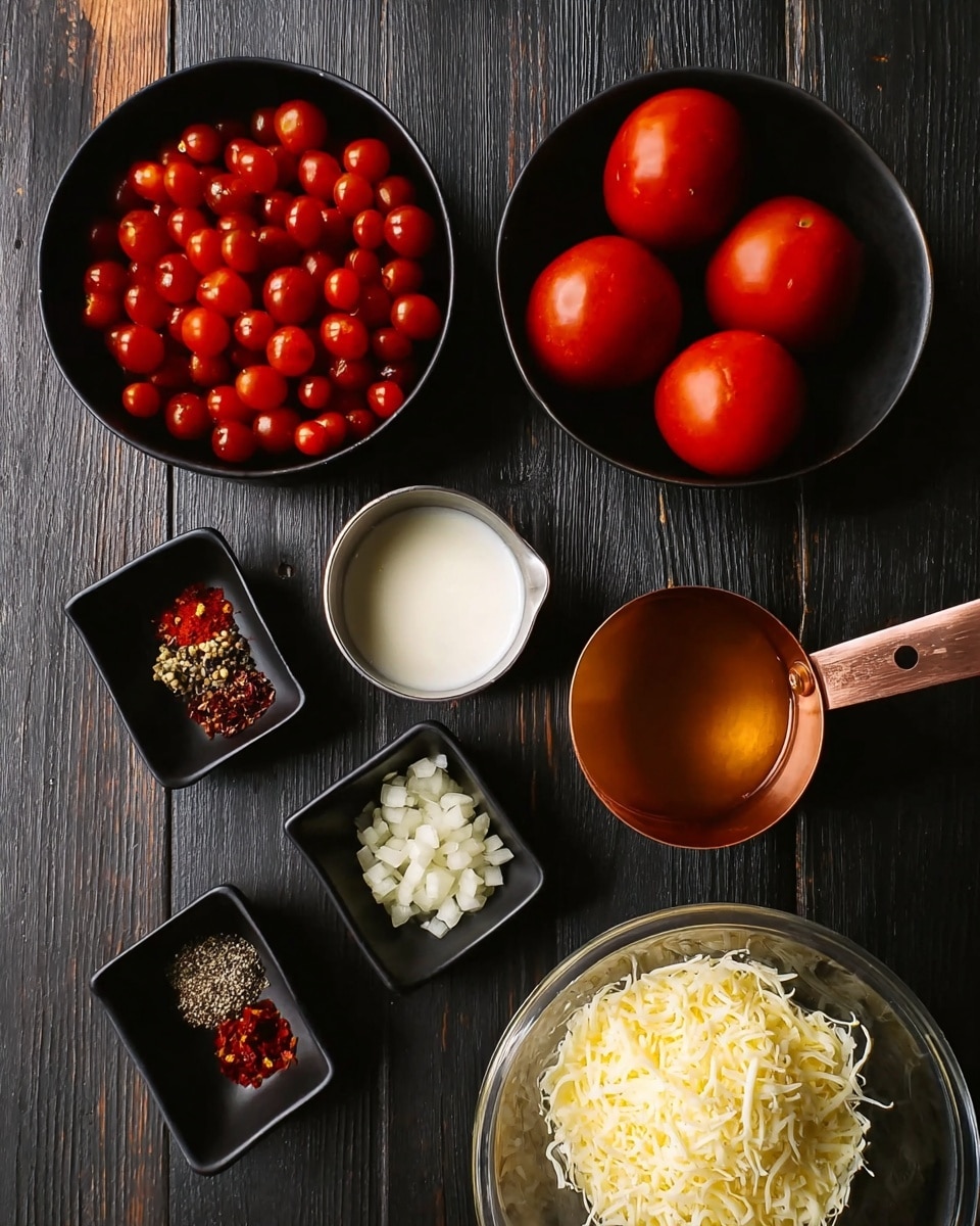 The image shows different cooking ingredients placed on a dark wooden surface. In the top left, there is a round black bowl full of small red cherry tomatoes. To the right, a similar black bowl holds three larger red tomatoes. In the center, there is a small silver cup filled with white creamy liquid. Below this, a copper measuring cup holds a dark amber liquid. At the bottom left, two square black dishes hold two types of chopped ingredients—one with white chopped pieces and the other with various spices in red, black, and white colors. To the right of them, a clear glass bowl contains shredded pale yellow cheese. The whole setup is on a dark wood background. photo taken with an iphone --ar 4:5 --v 7
