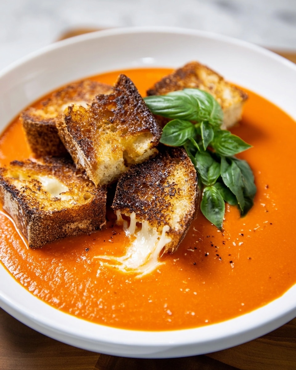 A white plate filled with bright orange creamy tomato soup forms the base layer, smooth and thick in texture. On top, several pieces of toasted bread with a golden brown, slightly charred crust are scattered, some showing melted cheese oozing between the cracks. To the side of the bread, a small bunch of fresh green basil leaves adds a pop of color and freshness. The plate rests on a white marbled surface. photo taken with an iphone --ar 4:5 --v 7