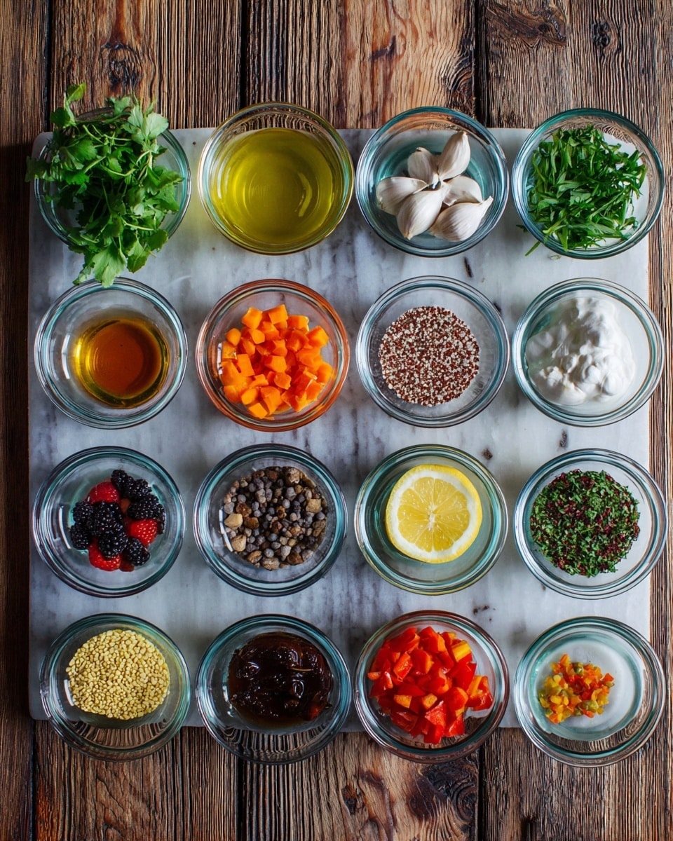 A set of 15 small clear glass bowls arranged in three neat rows on a white marbled slab atop a rustic wooden table. The top row has fresh green leafy herbs, golden yellow liquid, a bunch of green herbs, whole cloves of garlic, and smooth white cream. The middle row contains a mix of small brown, white, and reddish grains, bright orange diced carrots, dark dried berries, halved red cherry tomatoes with thin white slices, a grain mix with specks of purple, and two lemon wedges. The bottom row includes tiny pale yellow grains, dark brown liquid, diced orange and white root vegetables, small round beige seeds, clear water, and a mixture of chopped red bell peppers and green herbs. Photo taken with an iphone --ar 4:5 --v 7
