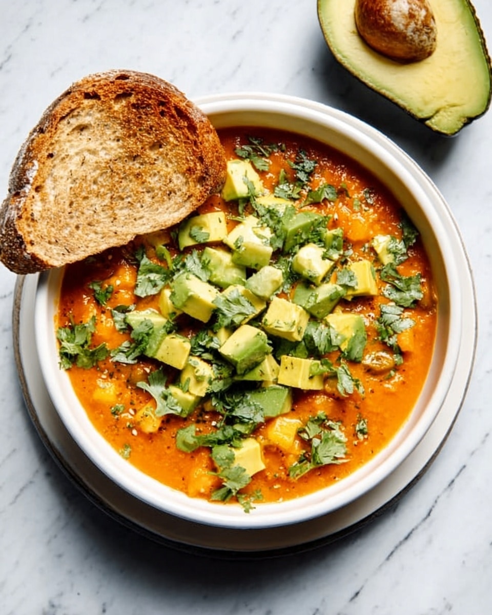 A white round bowl filled with a thick orange soup, topped with two layers of toppings: the first layer is small cubes of light green avocado, evenly spread; the second layer is fresh green cilantro leaves scattered on top. A slice of toasted bread leans against the bowl's edge. The bowl is placed on a white marbled surface with a halved avocado nearby. Photo taken with an iphone --ar 4:5 --v 7