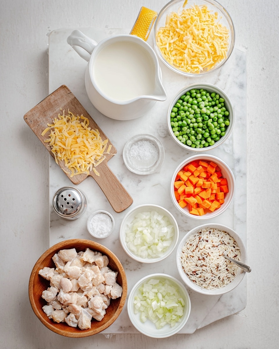 The image shows various cooking ingredients placed on a white marbled surface. On the bottom left, there is a wooden bowl filled with small pieces of cooked chicken. Above it, a white bowl holds frozen green peas and diced orange carrots. To the right of the vegetables, a small white bowl contains chopped celery, and next to it, another white bowl is filled with chopped white onions. There is also a small white dish with a pat of butter and another with salt. Near the center, a clear pepper grinder is placed diagonally. To the left of the grinder, a white pitcher contains milk, and above that, a white bowl with a yellow handle contains shredded yellow cheese over a wooden cutting board. At the top right of the layout, a white bowl contains a mix of white and wild rice. All items are neatly arranged and visible from a top view. Photo taken with an iphone --ar 4:5 --v 7