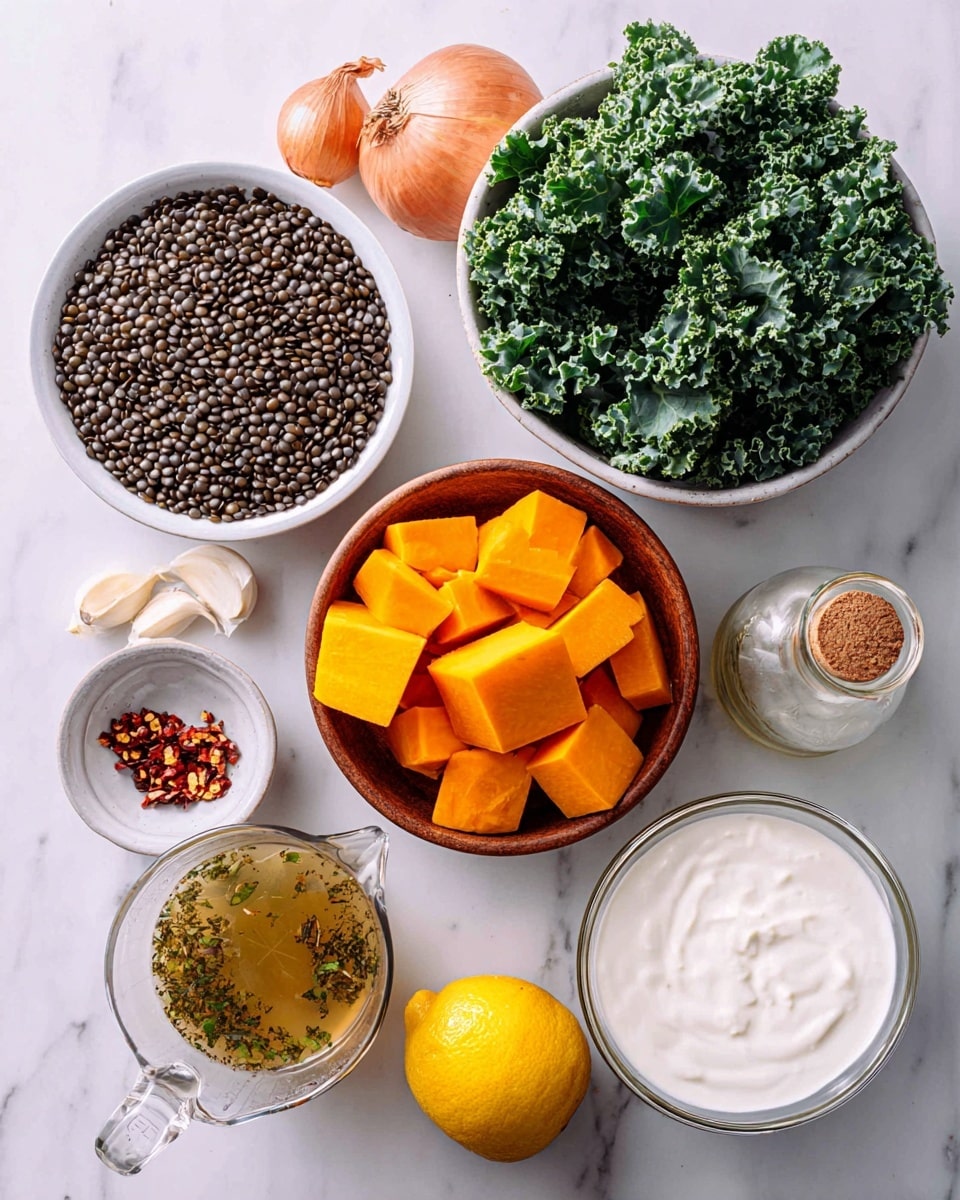 The image shows a collection of cooking ingredients arranged on a white marbled surface. There are two white bowls, one filled with dark brown lentils and the other filled with fresh green kale leaves. A wooden bowl holds bright orange cubed butternut squash. Nearby, there are three whole onions and a lemon, alongside a small white bowl of red chili flakes and another small white bowl with peeled garlic cloves. A clear glass bottle with a cork stopper contains a light-colored liquid, likely oil, and a glass measuring cup holds a light brown broth with parsley bits floating in it. A white bowl with creamy white yogurt or sour cream is also present. The setup is clean and well-organized, showing a variety of natural colors and textures. Photo taken with an iphone --ar 4:5 --v 7