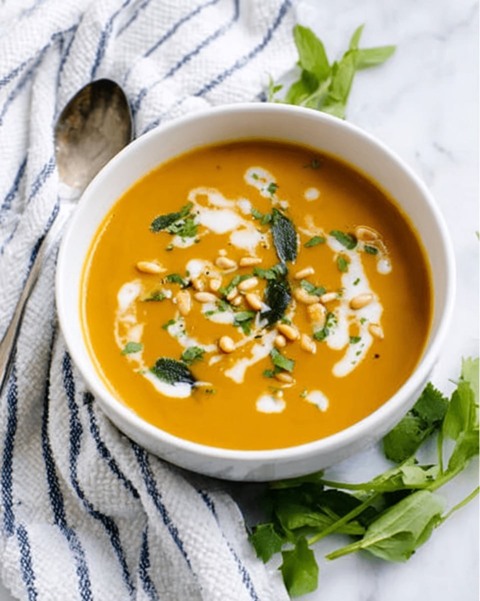 A white bowl filled with smooth orange soup, topped with a swirl of white cream and small pieces of green herbs. Some pine nuts are scattered on top, adding texture. The bowl sits on a white marbled surface, with a white and blue striped cloth and fresh green herb sprigs nearby. A woman's hand holding a silver spoon is visible on the left side. photo taken with an iphone --ar 4:5 --v 7