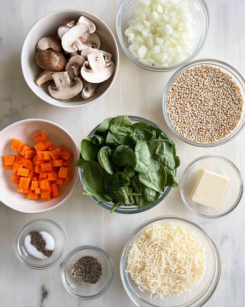 A top-down view of multiple clear and white bowls arranged on a white marbled surface. The top left bowl holds thinly sliced brown and white mushrooms. Below it, a white bowl contains chopped white onions. To the bottom left is another white bowl filled with small orange carrot cubes. At the center, a clear bowl is full of fresh green spinach leaves. Slightly above that, a clear bowl contains uncooked pearl barley grains. To the right of the spinach, a small clear bowl holds a chunk of white butter. Next to it is another tiny clear bowl with coarse salt and black pepper. Below everything, a white bowl is filled with finely grated pale yellow Parmesan cheese. In the bottom left, a small clear bowl contains minced garlic. Photo taken with an iphone --ar 4:5 --v 7