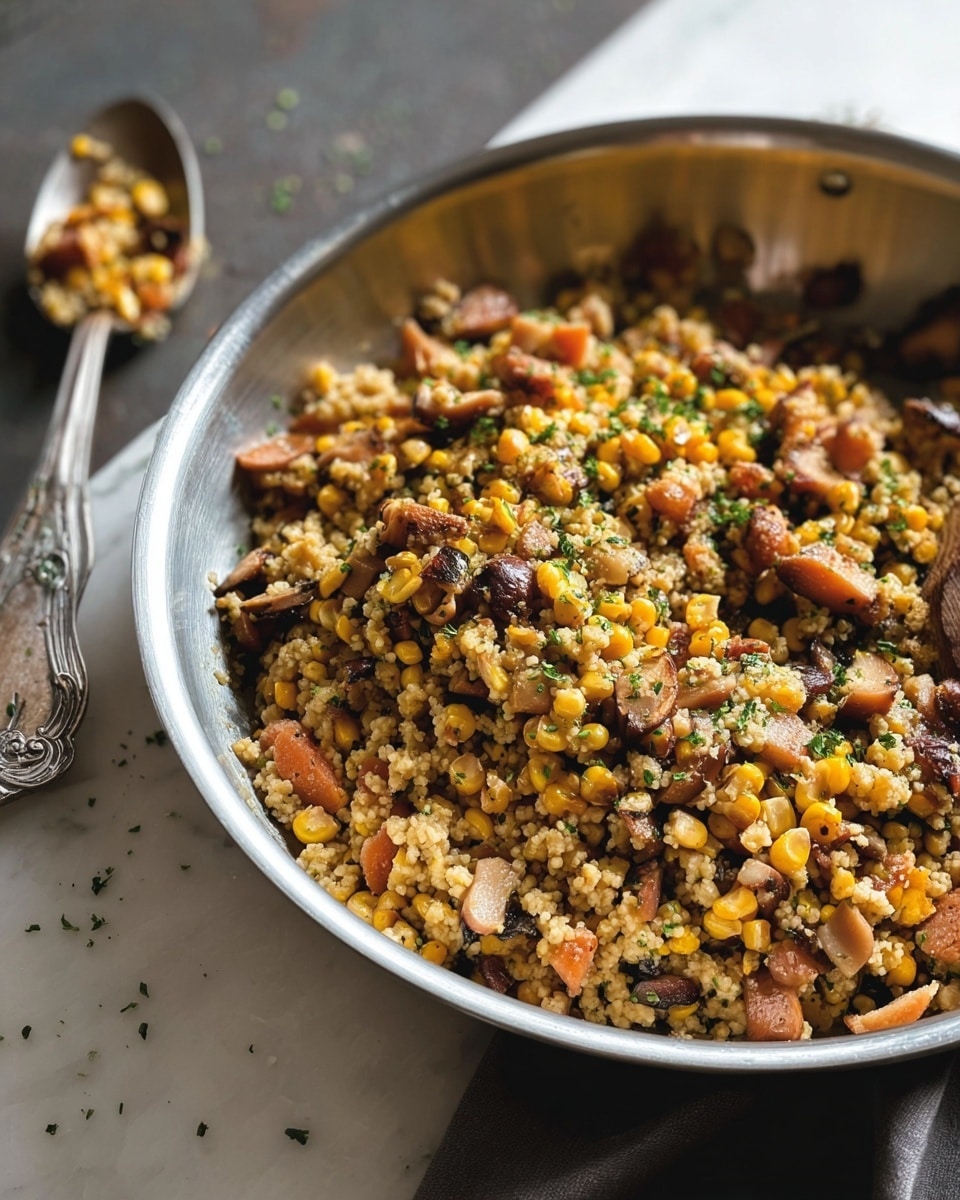 The image shows a silver pan filled with a mixed dish containing three main layers: small yellow and orange corn pieces scattered throughout, small darker brown mushroom-like pieces spread evenly, and light beige grain pieces as the base, all mixed together with small green herbs sprinkled on top. In the background on the left side, there is a silver spoon with some of the dish on it, resting on a dark surface. The whole scene is set on a white marbled texture. photo taken with an iphone --ar 4:5 --v 7