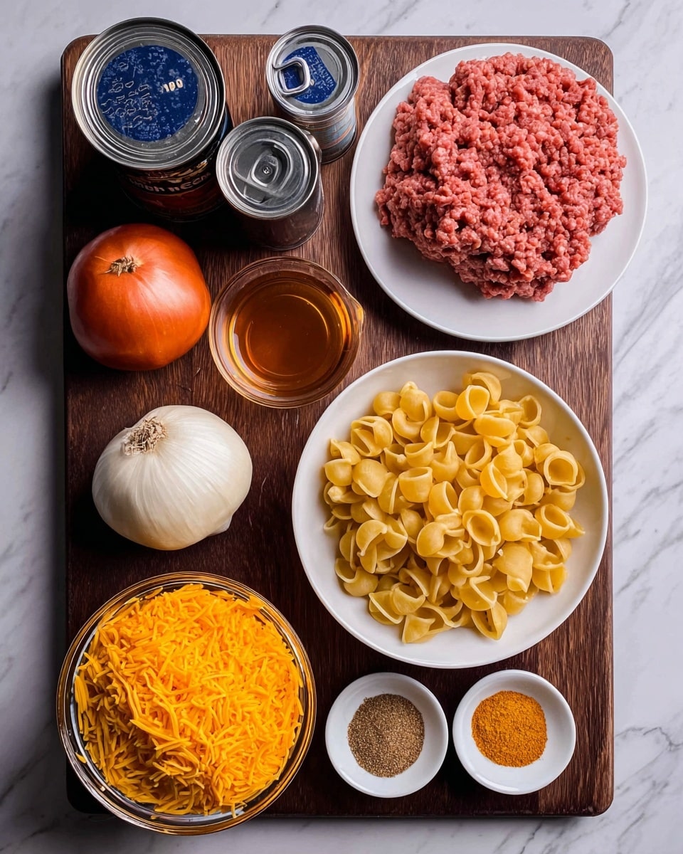 The image shows ingredients neatly arranged on a dark wooden board placed on a white marbled surface. At the top right is a white plate with raw ground meat, pink and textured. Below it to the right is a white bowl filled with uncooked yellow pasta shells. In the bottom left corner, a clear glass bowl holds a large pile of shredded bright orange cheese. Next to the cheese are three whole vegetables: a light brown onion, a white bulb of garlic, and an orange-red bell pepper. Above the cheese bowl, a small transparent measuring cup contains amber-colored liquid. To the right of that cup is a small white dish with two piles of ground spices, one yellowish-brown and the other dark reddish-brown. At the top left corner, there is a top view of a closed can of tomato pulp and below it, two more closed cans with silver lids and one small bottle of dark sauce. The whole layout is clean and well organized, and the light is bright and natural, showing the colors and textures clearly. photo taken with an iphone --ar 4:5 --v 7