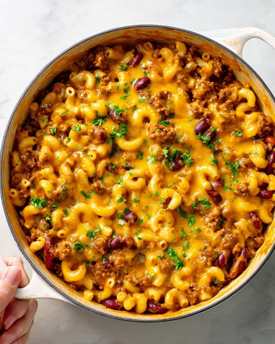 A large white pot filled with a creamy macaroni dish, layered with small elbow pasta mixed with browned ground meat and kidney beans. The top is covered with melted bright orange cheese that stretches slightly, sprinkled with small green herb pieces. The colors are golden yellow from cheese, rich brown from meat, dark red from beans, and light beige from pasta. A woman's hand is gently holding the pot handle on the left side. The pot sits on a white marbled surface. photo taken with an iphone --ar 4:5 --v 7