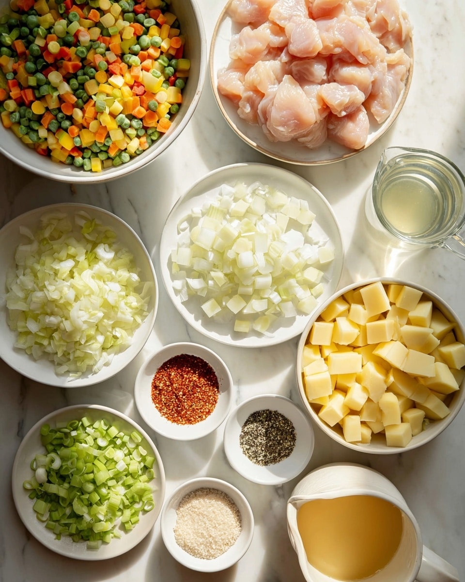 The image shows several white bowls and plates arranged on a white marbled surface, each filled with different chopped ingredients. There is a large bowl filled with mixed frozen vegetables in green, yellow, orange, and red colors. Next to it, a white plate holds pale pink pieces of raw chicken. Nearby, another bowl contains white chopped onions, and a separate bowl is filled with diced yellow potatoes. A bowl with chopped green celery is also visible. Small white bowls hold finely chopped garlic, a mixture of different spices including black, white, and red powders, and some flour. A small glass holds a white liquid, and a white plate contains cubes of pale yellow butter. A clear pitcher with light yellow broth completes the set. The lighting is soft and natural, highlighting the freshness and color details of each ingredient, photo taken with an iphone --ar 4:5 --v 7