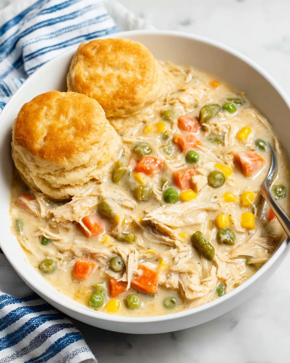 A white bowl filled with creamy chicken and vegetable stew showing shredded white chicken pieces mixed evenly with small diced orange carrots, green peas, yellow corn, and green beans in a light beige sauce. Two golden brown round biscuits sit slightly overlapping on the left side of the bowl, resting on top of the stew. The bowl is placed on a white marbled surface, with a blue and white striped cloth napkin nearby. Photo taken with an iphone --ar 4:5 --v 7