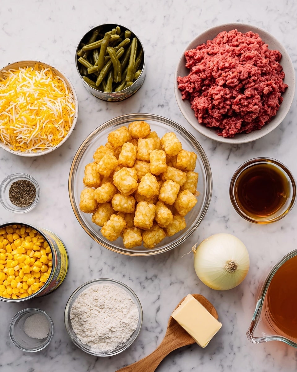 The image shows several ingredients arranged on a white marbled surface. In the center is a clear bowl filled with golden brown tater tots, slightly crispy on the outside. Above the tater tots, there is a bowl with a mound of ground red meat showing a coarse texture. To the left of the meat, a bowl of shredded yellow and white cheese appears fluffy and fresh. Below the cheese, an open can with bright yellow corn kernels is visible next to another open can filled with green beans. Above the tater tots and to the right of the corn is a small glass bowl holding a dark brown liquid. Close to the meat on the right side is a whole white onion, and below it, a small glass bowl of black pepper. Next to the pepper, a wooden spoon holds white flour with a fine texture. In the bottom right corner, a glass measuring cup contains a reddish-brown liquid, likely broth. Above the onion, a stick of butter still in its wrapper rests flat on the surface. photo taken with an iphone --ar 4:5 --v 7
