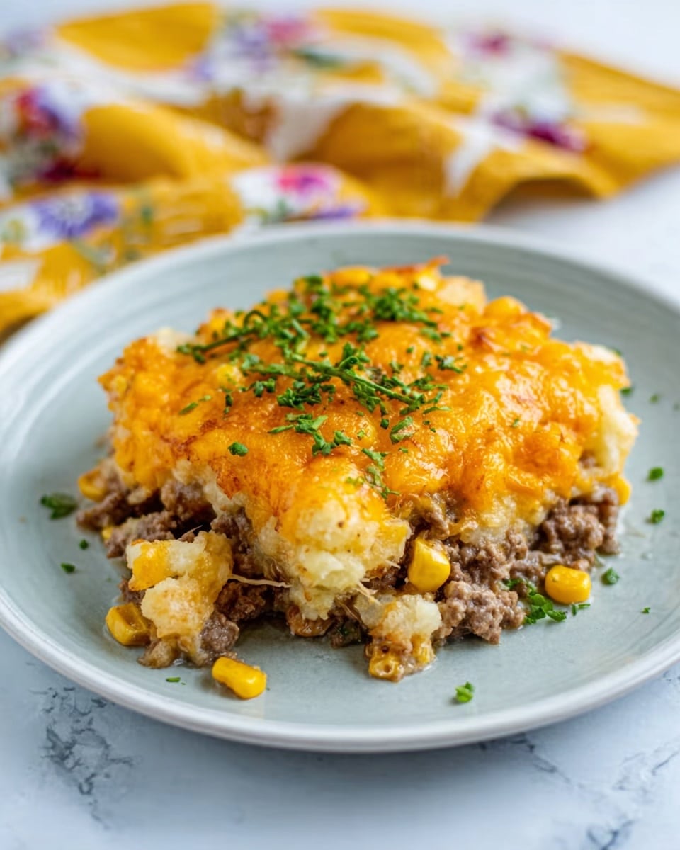 The image shows a dish on a white plate with three visible layers. The bottom layer is made of light-colored cooked pieces that look soft and chunky. The middle layer is a mix of ground meat and yellow corn, with the meat being brown and crumbly and the corn adding small bright yellow spots. The top layer is a melted bright orange cheese layer that covers the dish unevenly with some shredded cheese strands visible. The dish is garnished with small green chopped herbs, mostly placed on top, adding a fresh color contrast. The plate sits on a white marbled surface, and a blurred colorful cloth with yellow and white patterns is in the background. photo taken with an iphone --ar 4:5 --v 7
