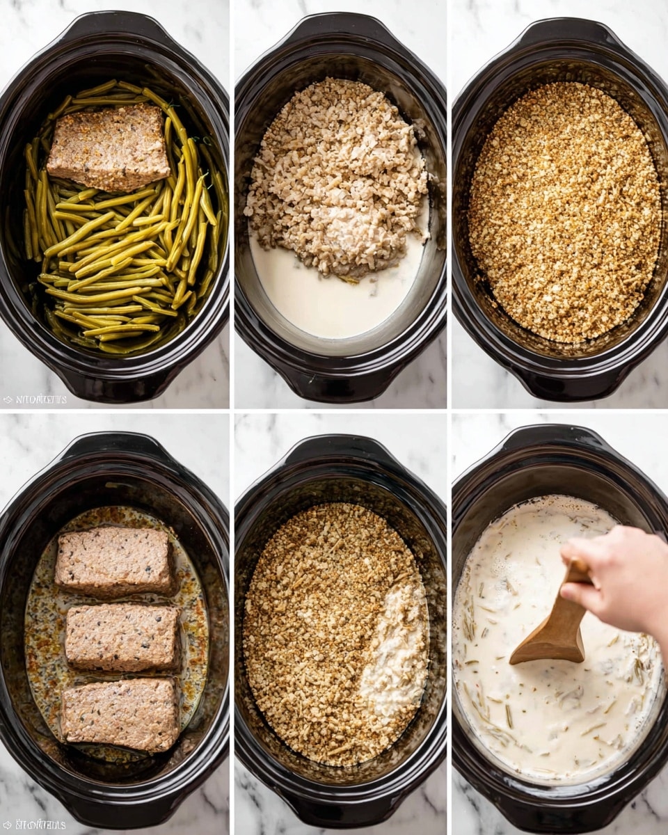 The image shows six steps of a layered slow cooker dish inside a black crockpot on a white marbled surface. First, there are three light brown seasoned pieces of meat arranged side by side at the bottom. Next, yellowish-green cut green beans are placed evenly over the meat. Then, a thick layer of crushed light brown crackers covers the green beans. After that, a woman's hand pours creamy white sauce over the cracker layer, covering it partially. The following image shows the dish with the sauce spread evenly in the crockpot, mixing slightly with the crackers below. Finally, the dish is stirred with a wooden spoon, showing a chunky, mixed texture with a creamy light brown appearance photo taken with an iphone --ar 4:5 --v 7
