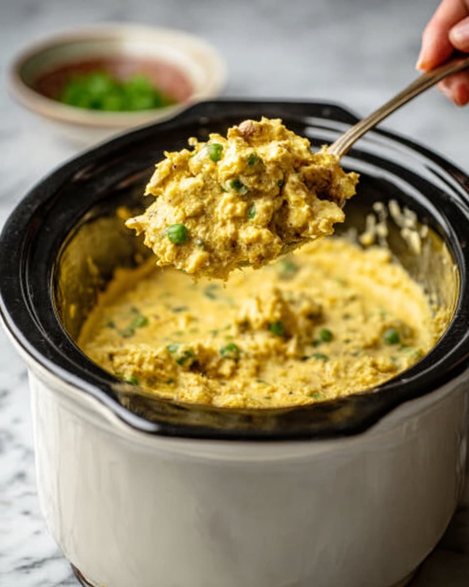The image shows a slow cooker filled with a creamy yellow mixture that looks soft and chunky, with green bits sprinkled inside. A spoon held by a woman's hand is lifting a large scoop of the mixture above the cooker, showing its thick texture and the small pieces within it. The slow cooker is white with a black rim, sitting on a white marbled surface. In the background, there is a blurred hint of a small bowl with green contents. photo taken with an iphone --ar 4:5 --v 7