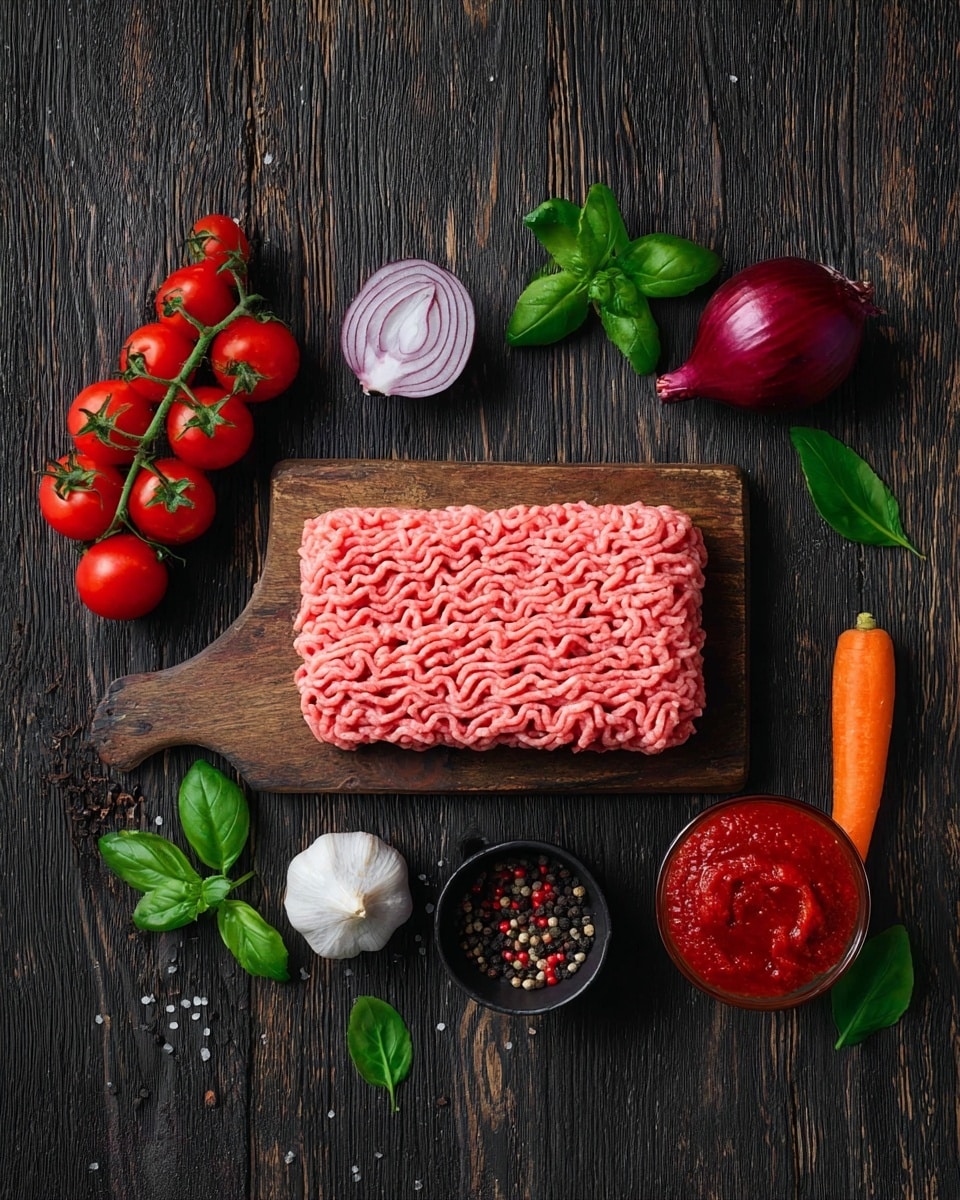The image shows a rectangular block of raw pink ground meat placed on a dark wooden cutting board at the center. On the left side, there is a bunch of bright red cherry tomatoes still on the green vine. Above the meat, there is a single red onion with two green basil leaves nearby. Below the meat, a whole white bulb of garlic sits next to a small black cup filled with mixed black and red peppercorns. To the right of the meat, a clear glass bowl contains bright red tomato paste, and in front of it lies a whole orange carrot. The entire setup is on a dark wooden textured surface with a few scattered green bay leaves. Photo taken with an iphone --ar 4:5 --v 7