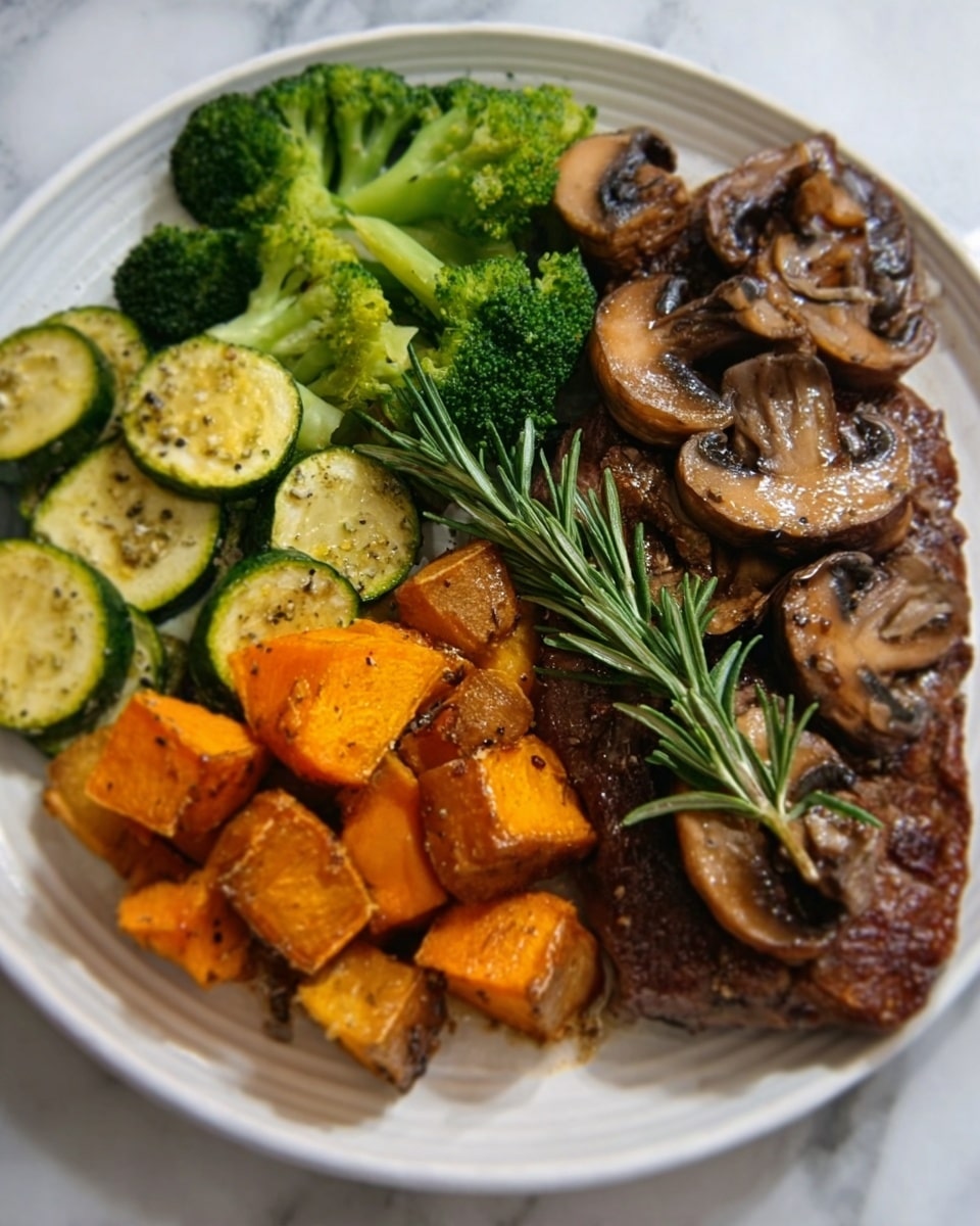 A white plate with a cooked meal made of multiple parts: on the left side there are bright green broccoli florets and light green cooked zucchini pieces. Next to them are orange roasted sweet potato chunks. On the right side, there is a brown grilled meat piece topped with several cooked brown mushrooms and a sprig of fresh rosemary. The plate is on a white marbled surface. photo taken with an iphone --ar 4:5 --v 7