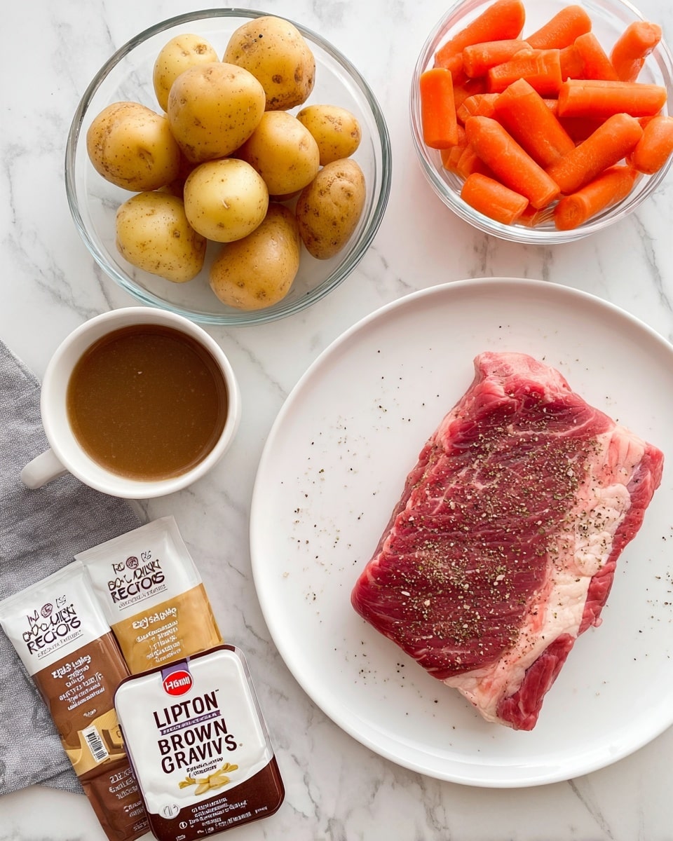 A white plate holds a single piece of raw meat seasoned with black pepper, showing a mix of red and white fat marbling. Next to it on a white marbled surface, there is a small white bowl filled with brown gravy, a clear glass bowl with small unpeeled potatoes, and another white bowl filled with bright orange baby carrots. Two seasoning packets, one white labeled “Lipton Recipe Secrets” and the other brown labeled “McCormick Brown Gravy,” lie near the meat plate. The whole setup is neat with simple colors and textures photo taken with an iphone --ar 4:5 --v 7