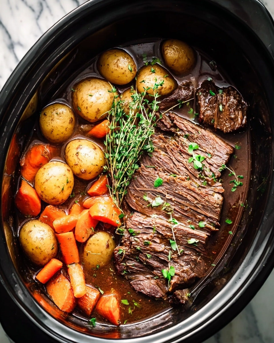 A slow cooker filled with a rich, brown cooked beef roast resting on the right side with juicy texture and small chopped green herbs sprinkled on top; the left side contains light brown whole baby potatoes mixed with thick carrot chunks in bright orange, all soaked in a deep brown broth. A sprig of fresh green rosemary and thyme lay on top of the vegetables. The slow cooker is black and sits on a white marbled surface. photo taken with an iphone --ar 4:5 --v 7