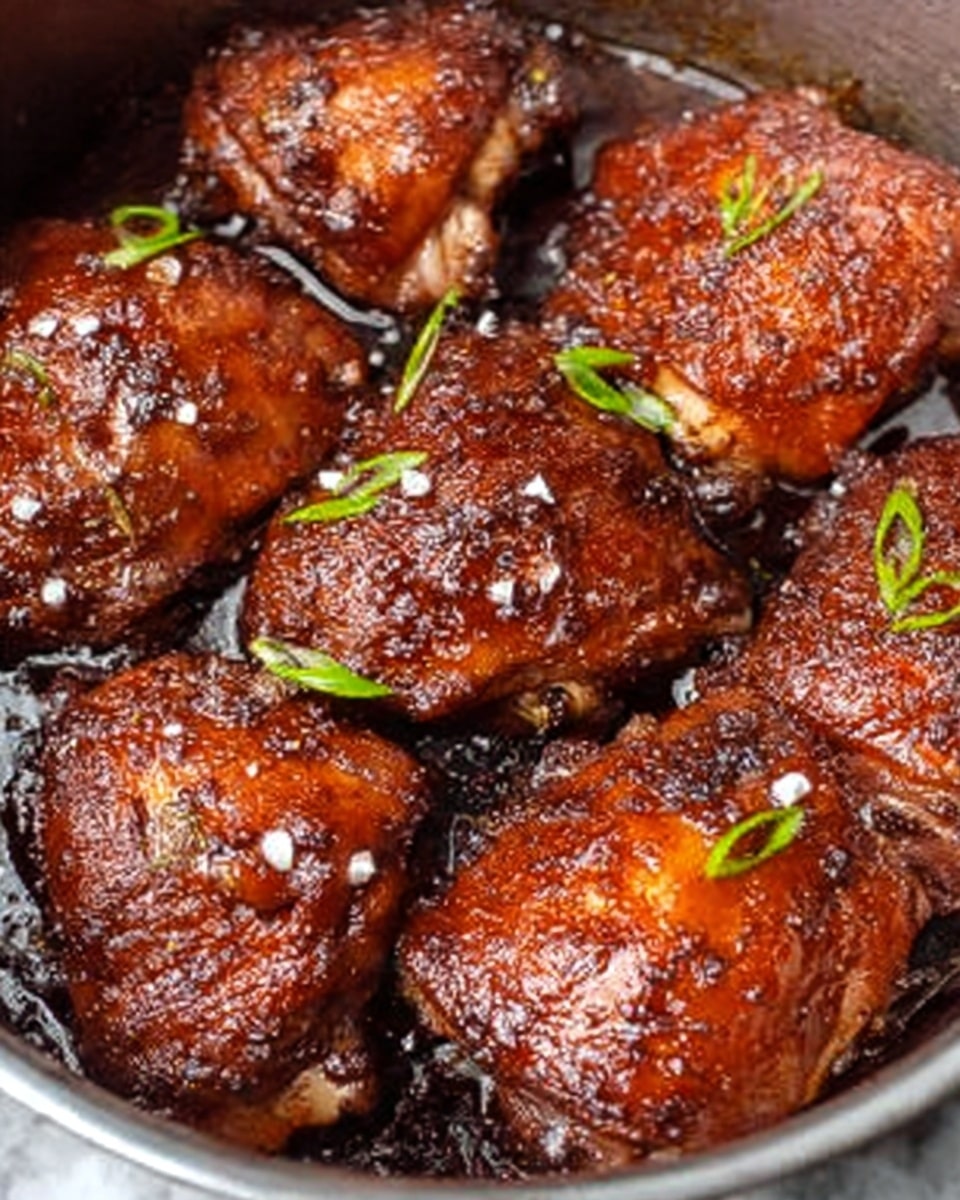 The image shows a close-up of several pieces of glazed chicken thighs arranged tightly together in a metal pot. The chicken has a rich, shiny dark brown color with a sticky texture. Each piece is sprinkled lightly with coarse white salt flakes and small green sliced scallions. The skin on the chicken looks slightly wrinkled but thick and moist. The background surface is white marble, enhancing the dark color of the chicken. The overall look is warm and inviting, emphasizing the glazed shiny surface of the chicken thighs. photo taken with an iphone --ar 4:5 --v 7