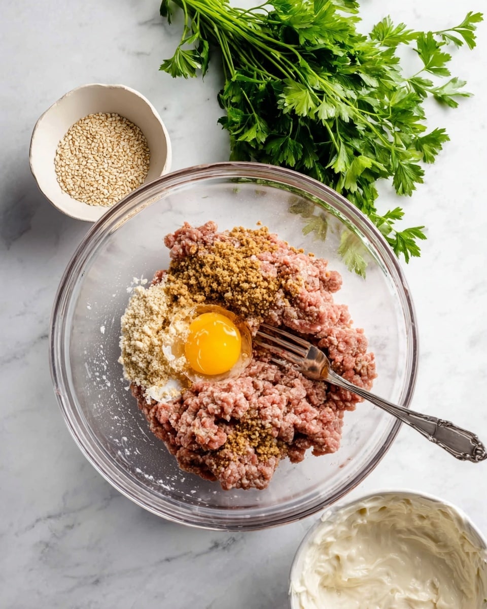 A clear glass mixing bowl filled with raw ground meat, brown breadcrumbs, and one cracked egg on top. A metal fork rests on the edge of the bowl. To the left, there is a white small bowl with light-colored seeds inside, and a bunch of fresh green parsley on the white marbled surface. On the right, a white bowl with a creamy white mixture is placed. Photo taken with an iphone --ar 4:5 --v 7
