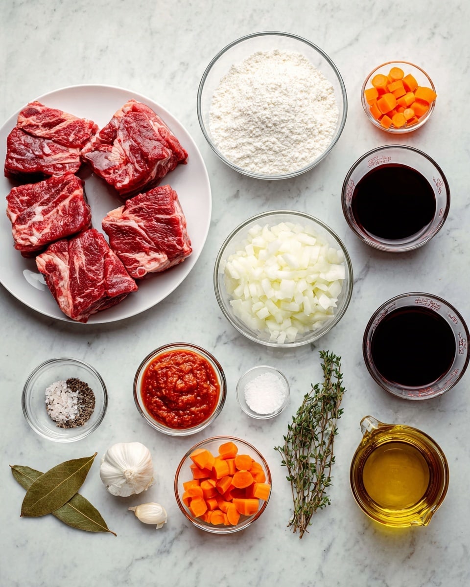 The image shows various ingredients laid out on a white marbled surface. On the left, a white plate holds several thick pieces of raw red meat with some marbling and fat. Surrounding the plate are small glass bowls with different ingredients: a bowl of white flour above, a bowl of orange carrot slices to the right, chopped white onions in a glass bowl below the carrots, a small bowl of salt to the left of the onions, a bowl with red tomato paste below the salt, a bowl of chopped garlic to the right of the paste, and a bowl of black pepper next to the garlic. There are also two clear measuring cups filled with dark red wine on the right and brown broth below it. Below the cutting space are olive oil and sprigs of thyme and a green bay leaf placed near the bowls. All items are arranged neatly with good lighting on the surface. Photo taken with an iphone --ar 4:5 --v 7