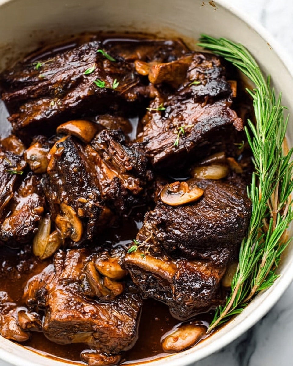 The image shows a white bowl filled with slow-cooked beef short ribs covered in a dark brown, rich sauce. The ribs are layered on top, with visible soft textures and shiny glaze from the sauce. Small mushrooms and pieces of onion are scattered between the ribs, adding light brown and glossy touches. A sprig of fresh green rosemary lies on the right side of the bowl, giving a fresh and natural contrast to the dark meat. The background is a white marbled texture. Photo taken with an iphone --ar 4:5 --v 7
