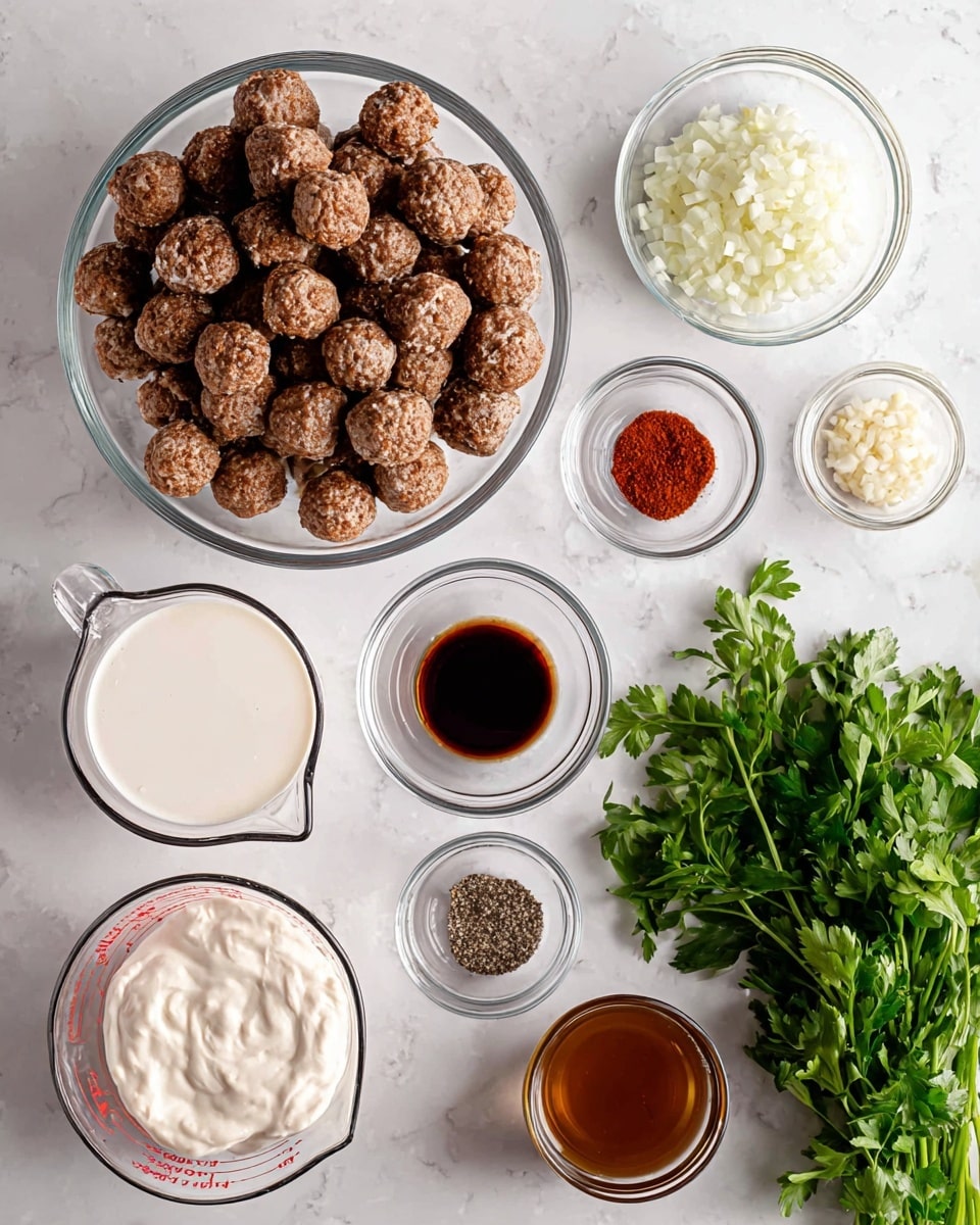 The image shows a white marbled surface with various clear glass bowls and measuring cups arranged neatly. In the center-left, there is a large clear bowl filled with many small, round, brown meatballs with a textured surface. Surrounding it are smaller clear bowls: at the top center is a small bowl with finely chopped garlic, to the right is a bowl filled with chopped white onions, next to it is a small bowl of red spice powder, and below that is a small bowl of ground black pepper. On the bottom left, there is a clear measuring cup with white liquid, likely milk, and next to it on the right is a bowl of thick white creamy sauce with a slightly lumpy texture. Below that is another clear measuring cup filled with brown liquid, probably broth, and next to it is a small bowl with a dark brown sauce, possibly soy sauce. In the bottom right corner, there is a bunch of fresh green parsley with vivid leaves. Photo taken with an iphone --ar 4:5 --v 7