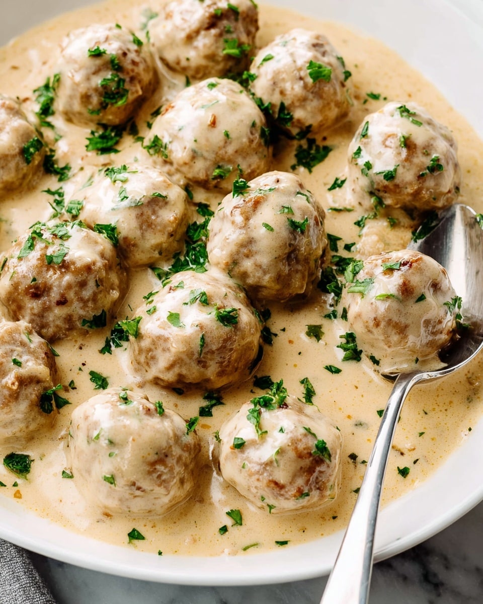 A close-up of a white shallow dish filled with around a dozen round meatballs covered in a creamy beige sauce. The sauce is smooth and coats each meatball evenly, with some small flecks visible. Bright green chopped herbs sprinkled on top add color contrast. A silver spoon rests inside the dish, partially covered with sauce and positioned on the right side. The surface beneath the dish is a white marbled texture. Photo taken with an iphone --ar 4:5 --v 7