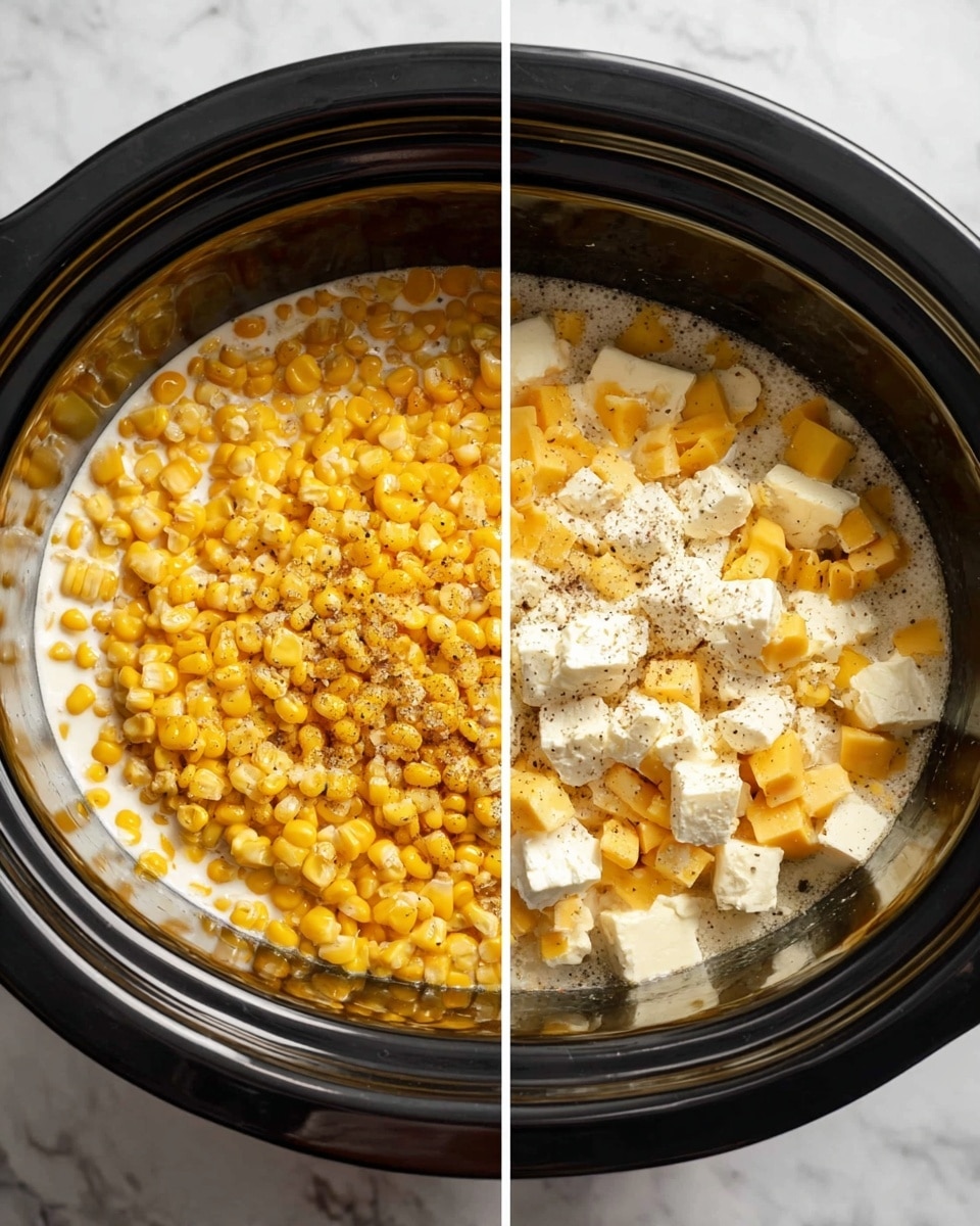 A collage of four photos shows different cooking stages. Top left is a white bowl with a thick, creamy mixture lightly speckled with green and orange herbs, and a metal spoon inside, all on a white marbled surface. Top right shows a raw chicken with the creamy mixture spread all over its light pink skin, placed on a white plate on the same white marbled surface. Bottom left features a black pot with large chunks of white onion, orange carrot pieces, green celery stalks, and a thyme sprig all on the white marbled surface. Bottom right shows the same black pot, now holding the spiced raw chicken, with the creamy mixture inside the cavity and over the pink flesh on the same white marbled background. Photo taken with an iphone --ar 4:5 --v 7