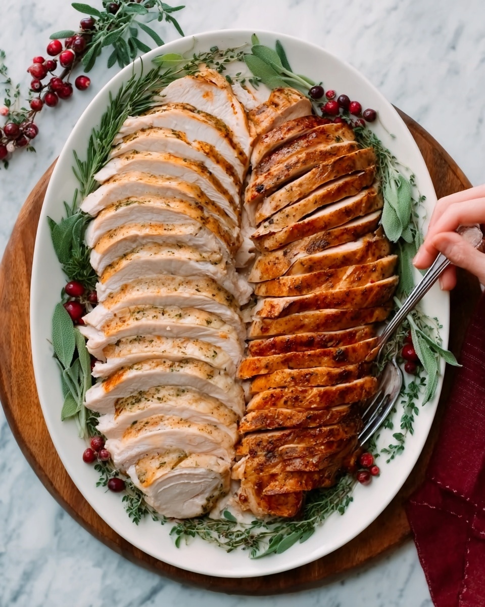 The image shows a white oval plate filled with two types of sliced cooked turkey arranged in separate neat rows. One side has lighter beige turkey slices with a soft texture, while the other side shows darker, slightly browned slices with visible grill marks and a smooth surface. The plate rests on a wooden board, decorated with green leafy herbs and small red berries around the edges. A woman’s hand holding a fork is touching the plate on a white marbled surface background. photo taken with an iphone --ar 4:5 --v 7