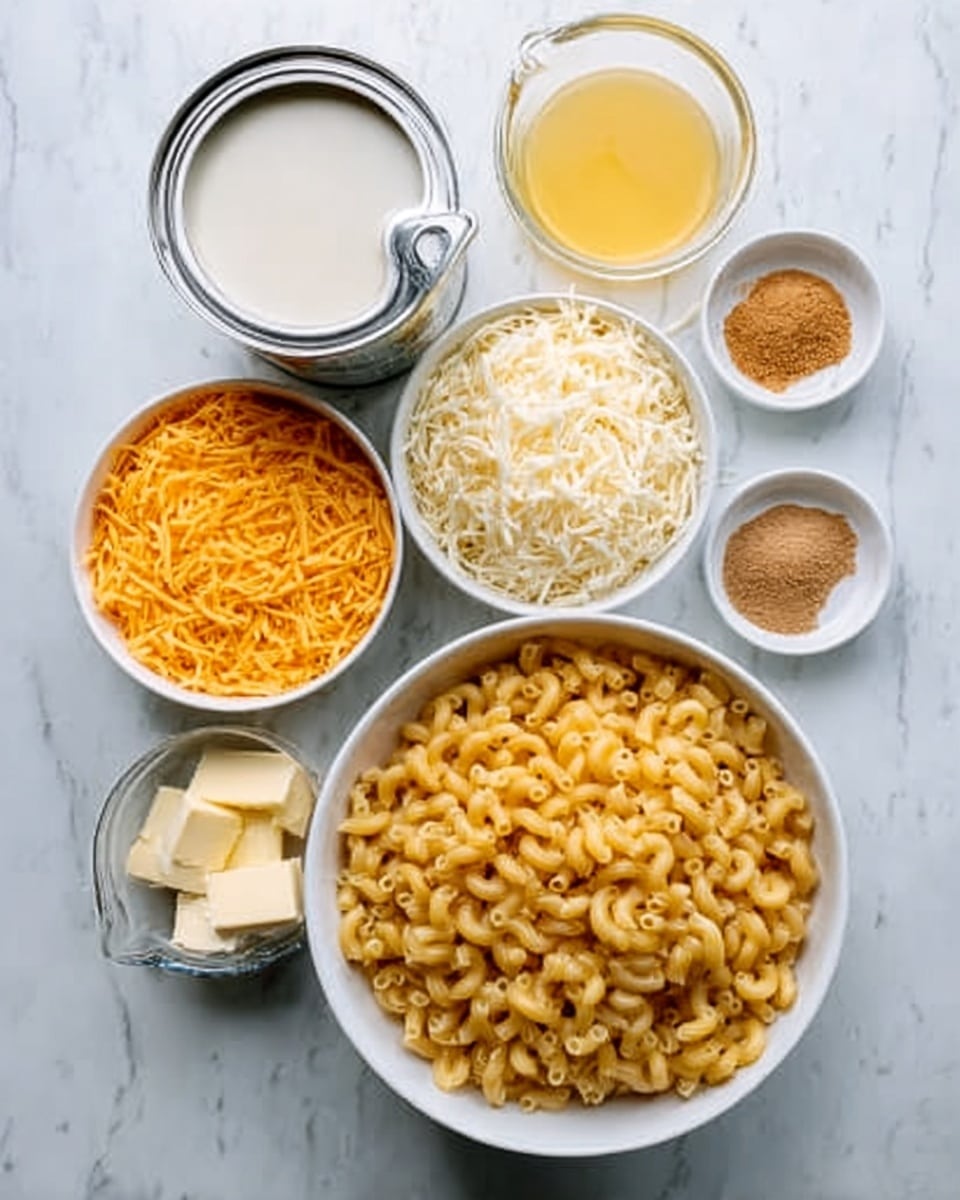 The image shows seven white bowls and glass cups arranged on a white marbled surface in a neat oval shape. At the bottom right is a large white bowl filled with uncooked elbow macaroni pasta, golden-yellow in color. To the left is a slightly smaller white bowl filled with a fine pile of shredded cheddar cheese, bright orange and fluffy in texture. Above, a medium white bowl contains shredded white cheese, soft and stringy. Above and to the left is an open can of evaporated milk with a silver lid resting beside it, creamy and light beige in color. Next to the macaroni and cheese bowls, a clear glass cup filled with melted butter, a smooth yellow liquid. Above is a small round white bowl with a few scoops of light brown mustard powder. Adjacent to it is a transparent measuring cup containing fresh milk, white and smooth. The setup of ingredients is well spaced and clearly visible in bright light. photo taken with an iphone --ar 4:5 --v 7