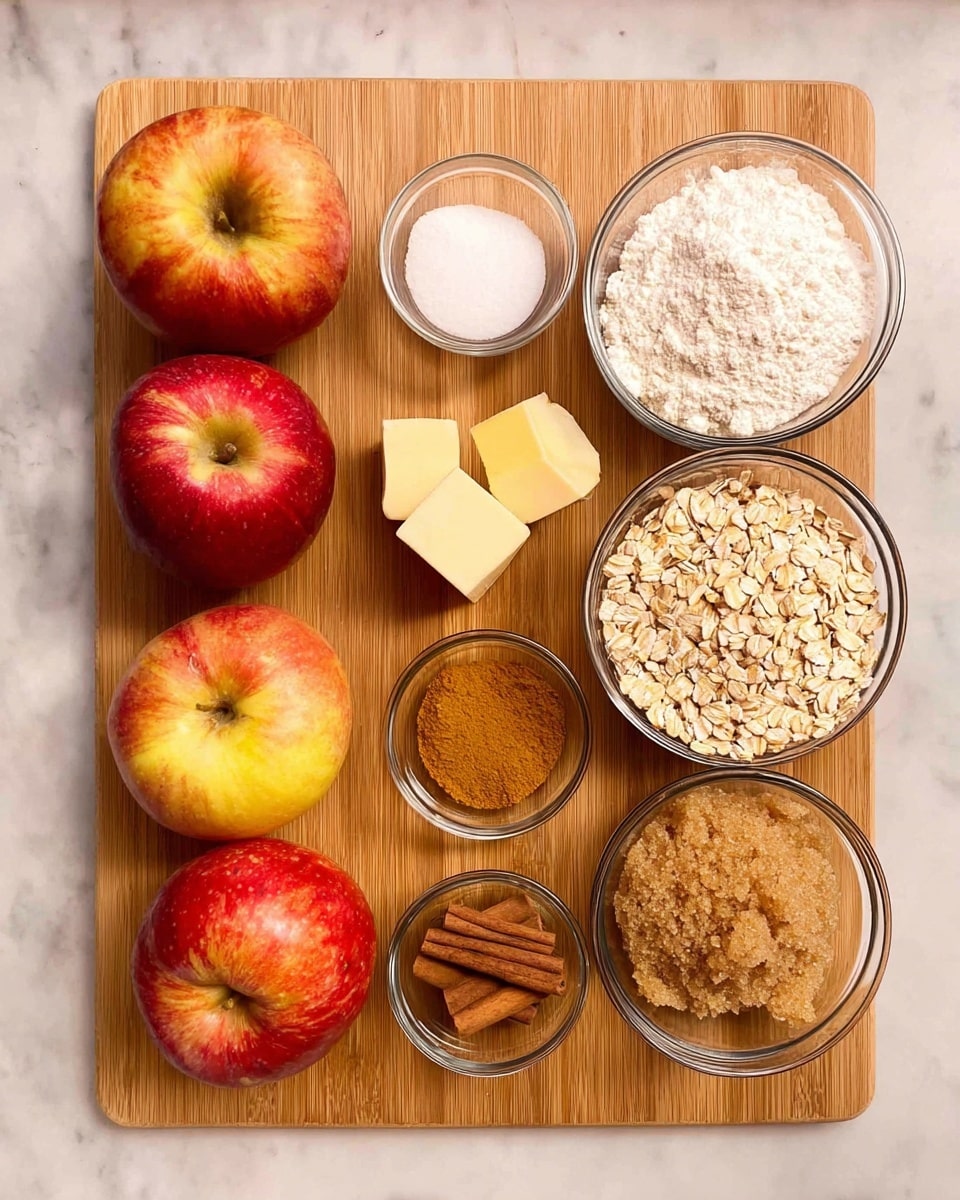 The image shows eight apples with red and yellow colors placed on the left side of a wooden board. To the right, there are small glass bowls filled with different ingredients: white flour at the top, a small cube of yellow butter below it, a small bowl of white sugar above a large bowl filled with rolled oats. In the middle, there are two smaller glass bowls, one with golden-brown cinnamon powder and the other with a cinnamon stick powder. In the bottom right, a medium bowl contains light brown sugar with a crumbly texture. The whole arrangement is on a white marbled textured surface. photo taken with an iphone --ar 4:5 --v 7