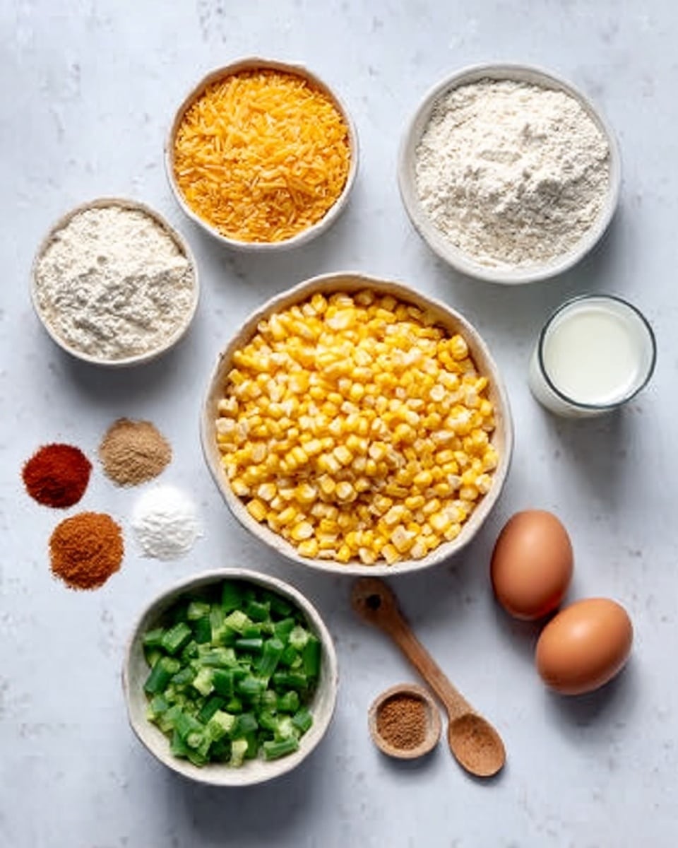 The image shows seven bowls with cooking ingredients arranged on a white marbled surface. In the center is a large white bowl full of yellow corn kernels. Surrounding it are smaller white bowls: one filled with orange-yellow rice grains at the top, another with flour and a wooden spoon on the right, and one with green sliced vegetables on the bottom left. A small glass holds white liquid near the top right, next to two brown eggs. Another bowl near the top left contains several different powdered spices in small piles arranged side by side. Photo taken with an iphone --ar 4:5 --v 7