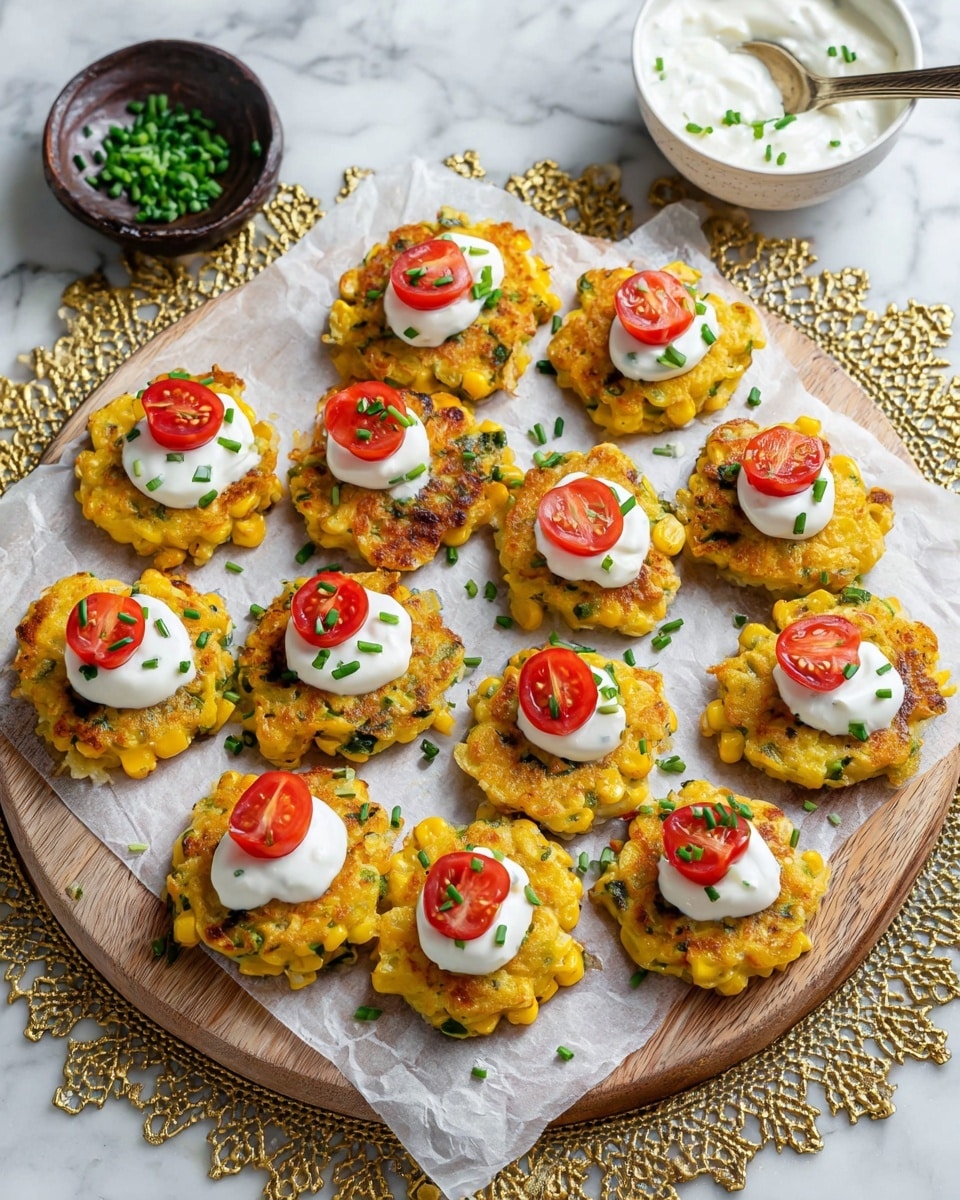 There is a round wooden board with white parchment paper on top, holding 17 golden-yellow corn fritters with visible corn kernels and green herbs mixed in. Each fritter has one layer and is topped with a white dollop of sour cream and a slice of red cherry tomato, garnished with small green chives. The board is placed on a white marbled surface with a decorative golden place mat underneath. In the background, there is a white bowl with sour cream and a spoon inside, and a small dark bowl with more sour cream topped with chopped green chives. Photo taken with an iphone --ar 4:5 --v 7