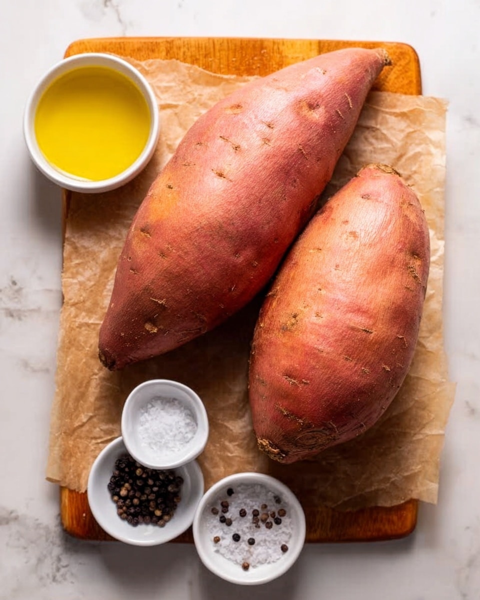 The image shows two large, smooth-skinned sweet potatoes with a reddish-brown color placed on a piece of brown parchment paper on a wooden board. Next to the sweet potatoes, there are three small white bowls arranged vertically; the top bowl contains yellow olive oil, the middle bowl holds coarse white salt, and the bottom bowl has whole black peppercorns. The lighting highlights the natural textures of the sweet potatoes and the slight shine on the oil. The background is a white marbled surface. Photo taken with an iphone --ar 4:5 --v 7