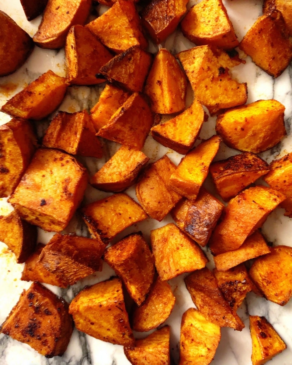 The image shows a close-up of roasted sweet potato pieces with a golden brown, slightly crispy outer layer and soft inside. The chunks vary in size and shape, with some edges showing a darker, caramelized color and others a lighter orange tone. The sweet potatoes are spread out on a white marbled surface, creating a warm and inviting look. photo taken with an iphone --ar 4:5 --v 7
