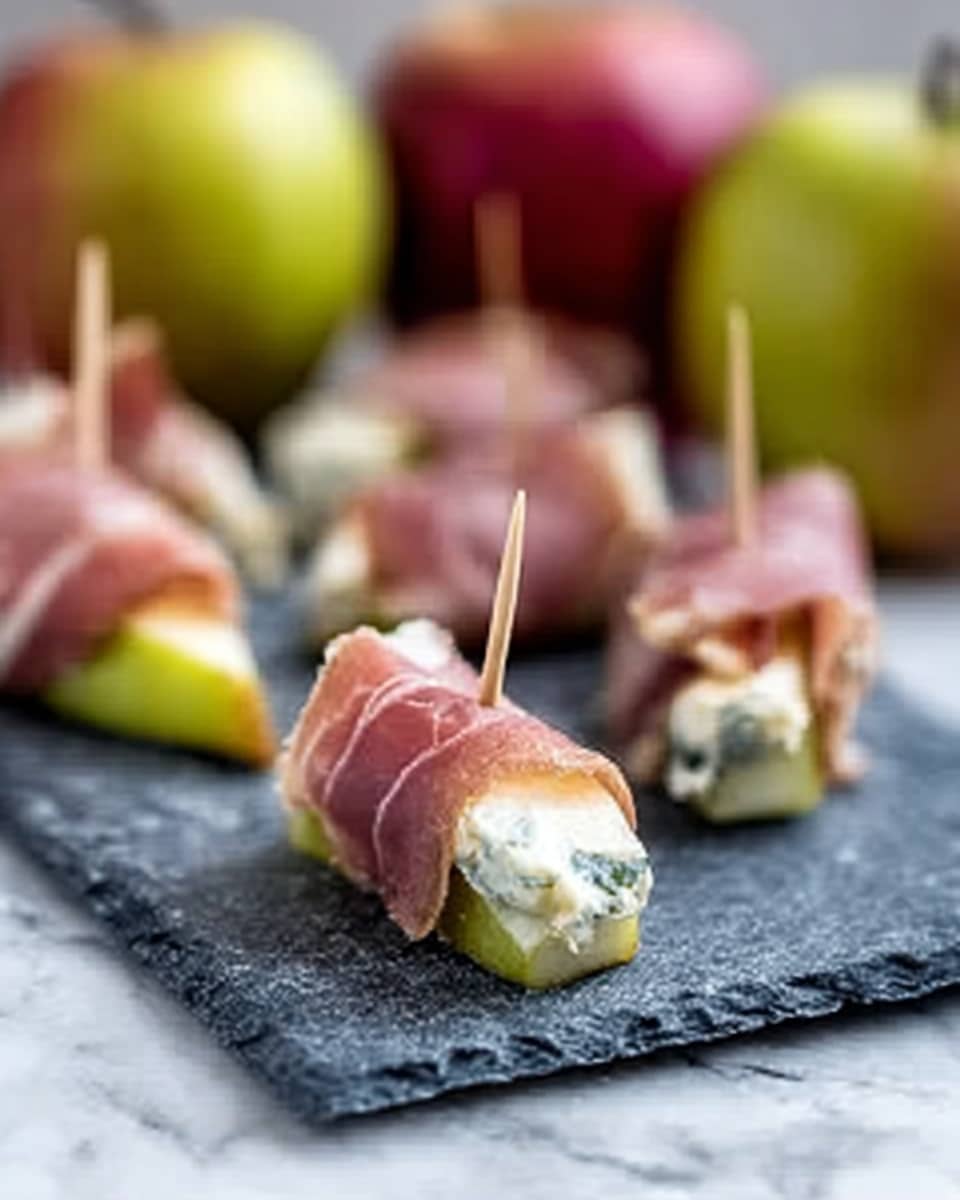 The image shows a white rectangular plate holding five small bites arranged in a row. Each bite has a base of a thick yellowish-brown toasted wedge, topped with a small leafy green, and wrapped with a thin slice of shiny pink prosciutto. There are small drops of a dark amber sauce drizzled carefully over each bite. The plate is placed on a white marbled surface with diagonal dark stripes visible beneath the plate. photo taken with an iphone --ar 4:5 --v 7