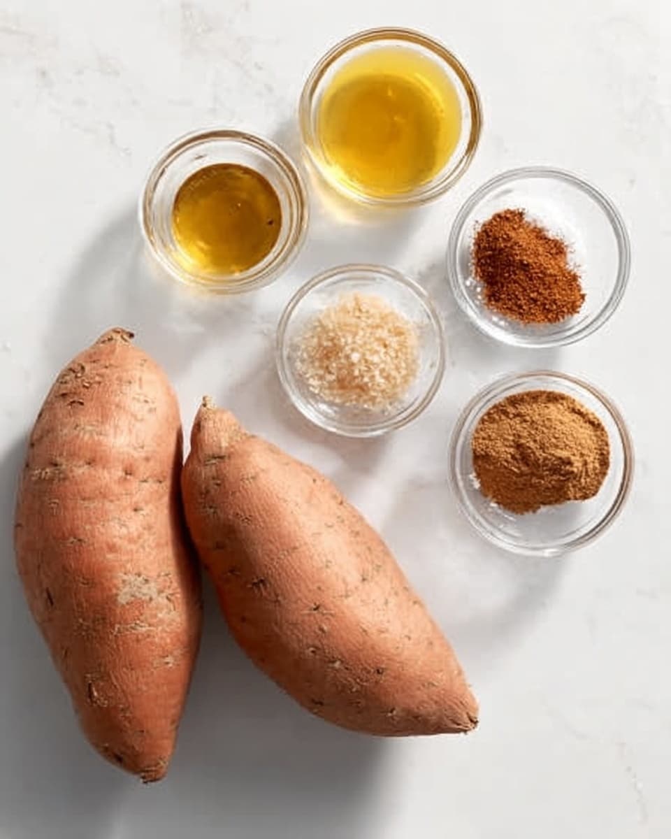 The image shows two whole raw sweet potatoes placed side by side on a white marbled surface. Above them, there are four small clear bowls arranged in a loose square shape. The top left bowl contains a golden yellow liquid, the top right bowl holds two small piles of brown spices, the bottom right bowl is filled with light brown granulated sugar, and the bottom left bowl contains a small amount of brown powder spice. The overall look is clean and simple with a bright, natural light. Photo taken with an iphone --ar 4:5 --v 7