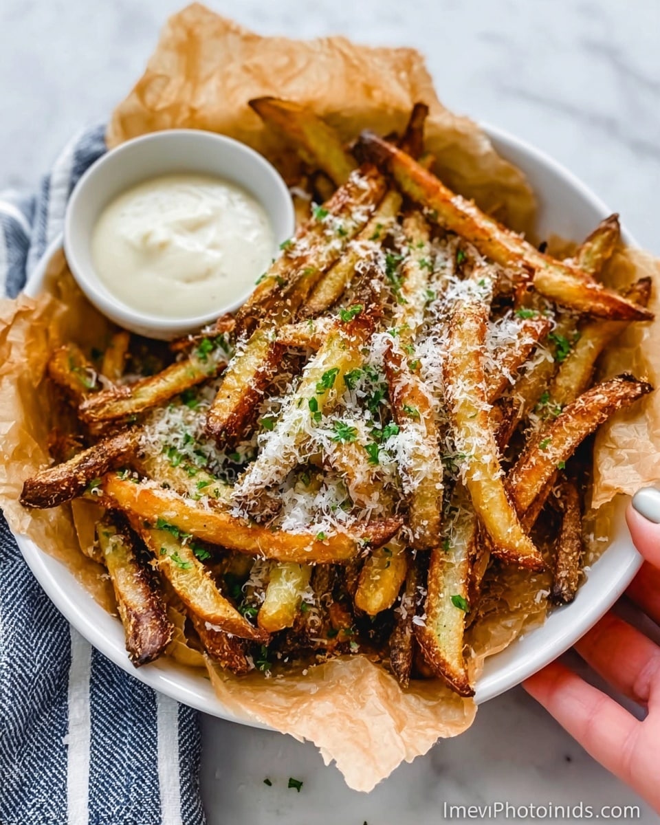 The image shows a white dish filled with crispy golden-brown fries sprinkled with grated cheese and green herbs. The fries are placed on brown paper inside the dish, giving it a rustic look. Next to the fries is a small white bowl filled with creamy white dipping sauce. A woman's hand is holding the dish from the side. The background is a white marbled surface with a blue-striped cloth partially visible. Photo taken with an iphone --ar 4:5 --v 7