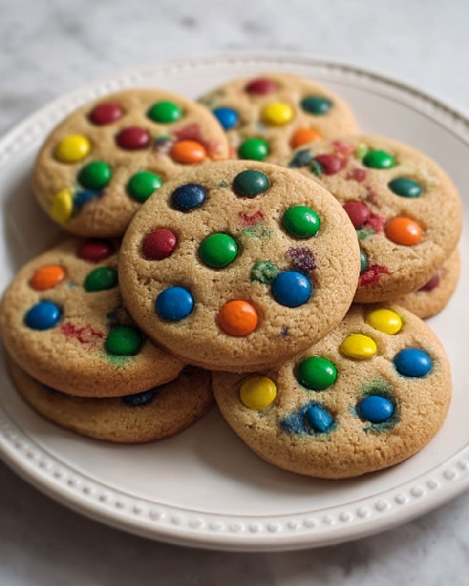 A white plate holds seven round cookies stacked slightly on top of each other. Each cookie is medium brown with a soft texture and is covered evenly with small colorful candy pieces in blue, green, yellow, orange, and red on the top surface. The plate is on a white marbled table which makes the bright colors of the candy stand out. The photo taken with an iphone --ar 4:5 --v 7