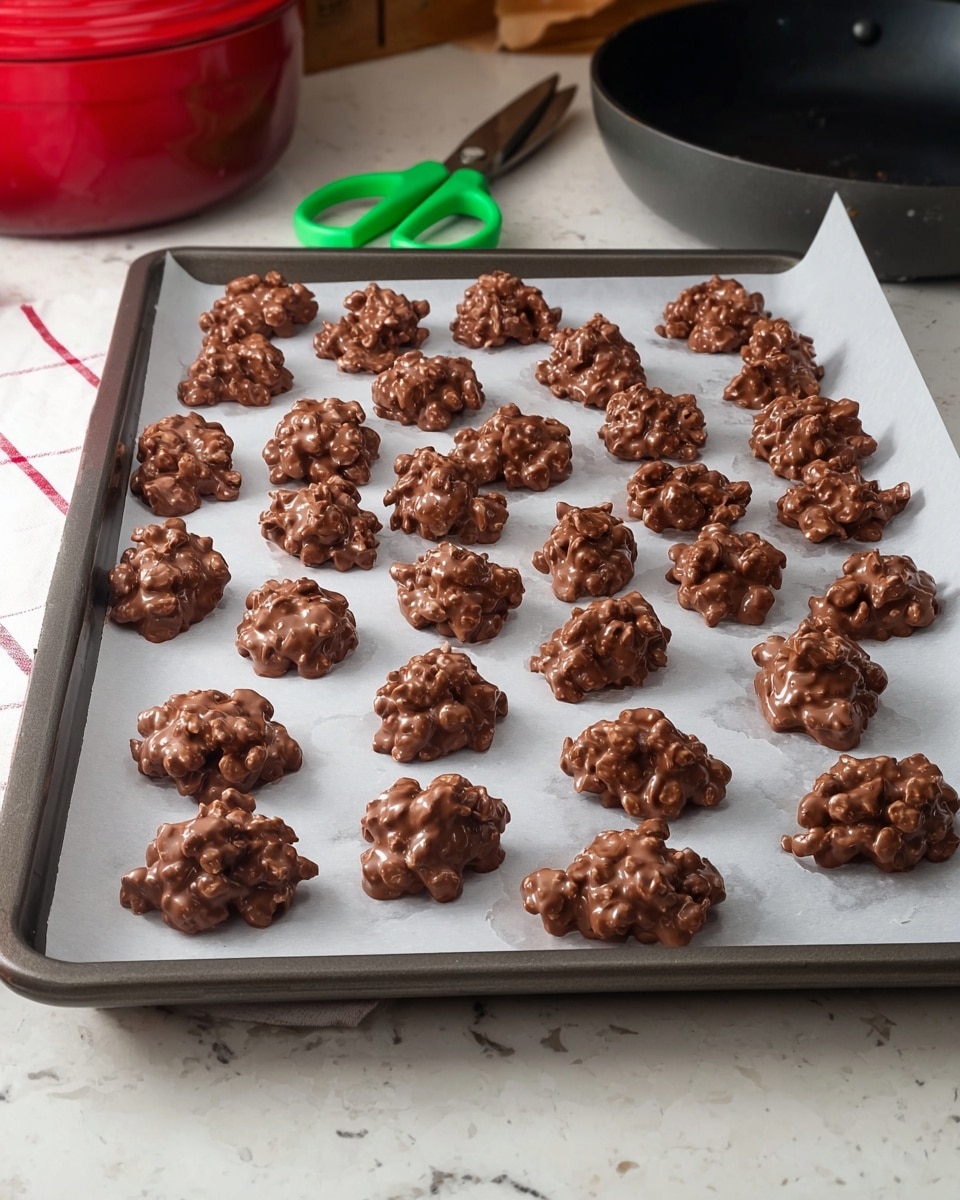 This image shows a baking tray with white parchment paper on top, covered by 31 clusters of chocolate-covered nuts, arranged in a loose grid. Each cluster is small, round, and lumpy with a glossy, smooth milk chocolate coating that evenly covers the nuts inside. The clusters are various sizes but all similar in shape, with a rich brown color and a shiny texture that reflects light. The tray is on a white marbled surface with some kitchen items in the background, including a red pot, green scissors, and a black pan. Photo taken with an iphone --ar 4:5 --v 7