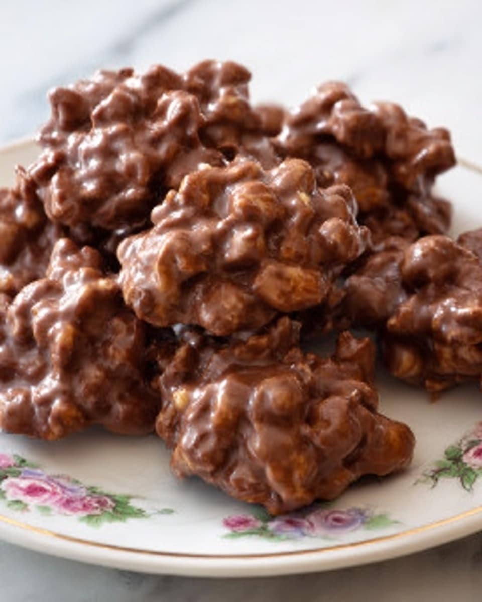 Clusters of chocolate-coated nuts are placed on a white plate with a floral pattern around the edge. Each cluster is irregular in shape, with a rough texture made by the nuts coated thickly in smooth, glossy brown chocolate. The clusters vary slightly in size and are piled close together, showing the curves and bumps formed by the nut pieces inside. The background is a white marbled surface. Photo taken with an iphone --ar 4:5 --v 7