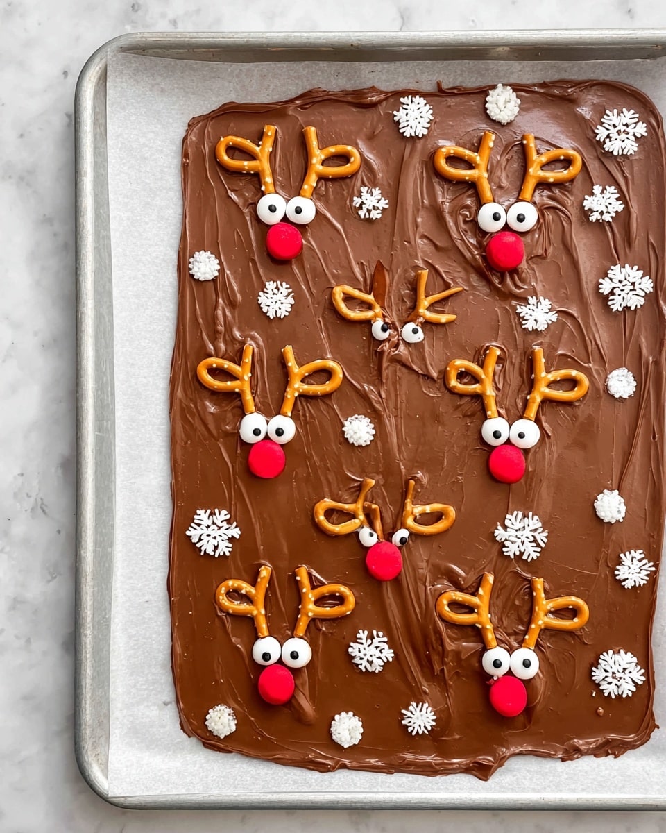 A flat rectangular slab of smooth milk chocolate spread unevenly on white parchment paper on a metal tray, decorated with small pretzel loop antlers, two white candy eyes, and a single bright red candy nose on each of eight reindeer faces evenly spaced on the surface, with scattered white snowflake and small round white sprinkle shapes filling the gaps around the reindeers, all set against a white marbled texture surface, photo taken with an iphone --ar 4:5 --v 7