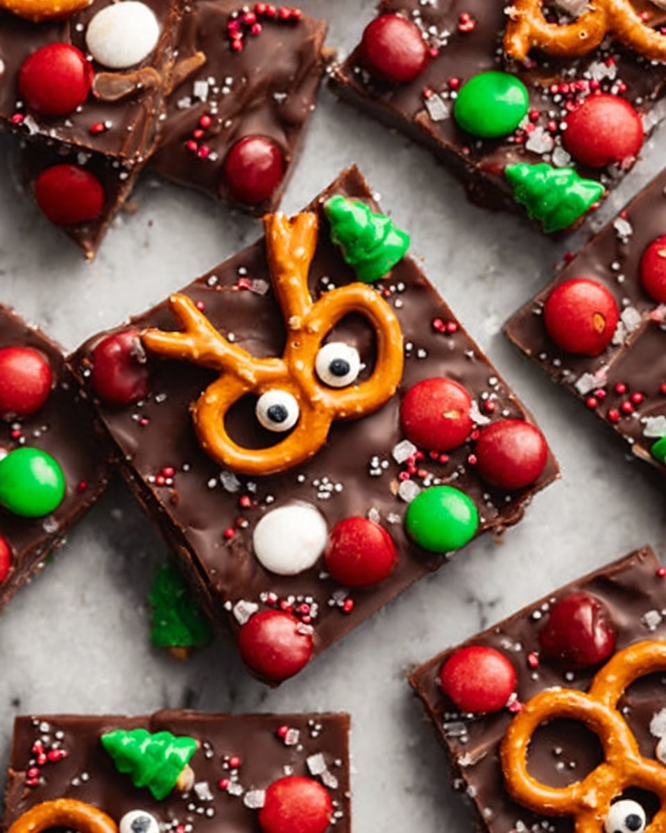 The image shows several square pieces of dark chocolate bark on a white marbled surface, each piece decorated with different festive toppings. Each square has a base layer of smooth, shiny dark chocolate, topped with colorful round candy pieces in red, white, and green scattered across the surface. There are small green candy shapes resembling Christmas trees and white candy sprinkles scattered evenly. A large orange-brown pretzel is placed on the top center of each piece, adding texture and contrast. The overall look is bright and festive with a mix of smooth chocolate and crunchy candy decorations. Photo taken with an iphone --ar 4:5 --v 7