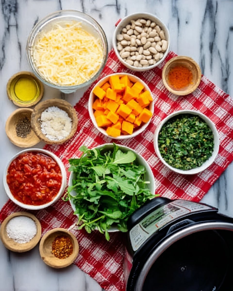 The image shows a top view of small white bowls filled with various ingredients placed on a red and white checkered cloth over a white marbled surface. There is one bowl with pale yellow cream, a bowl with bright orange cubed pieces, a bowl with green chopped pieces, and a bowl with fresh green leafy herbs in the center. Surrounding these are smaller bowls with red sauce, white beans, white grated cheese, oil, and various spices in the form of powders and flakes. A slow cooker is partially visible on the right side. The photo was taken with an iphone --ar 4:5 --v 7