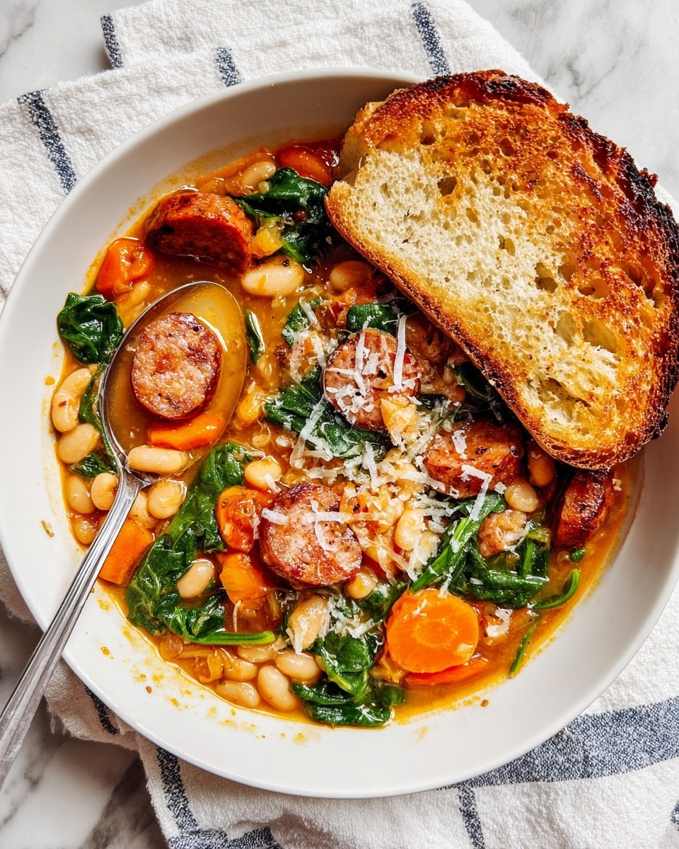 The image shows a white bowl filled with a colorful stew that has several layers: at the bottom is a thick orange broth, above it are layers of white beans, bright orange carrot slices, green leafy spinach, and browned slices of sausage, topped with small pieces of grated cheese. On the right side of the bowl is a toasted slice of bread with a golden crust resting partly in the stew. A silver spoon with some stew on it is placed inside the bowl near the bread. The bowl is set on a white marbled surface with a white cloth with thin blue lines underneath the bowl. Photo taken with an iphone --ar 4:5 --v 7