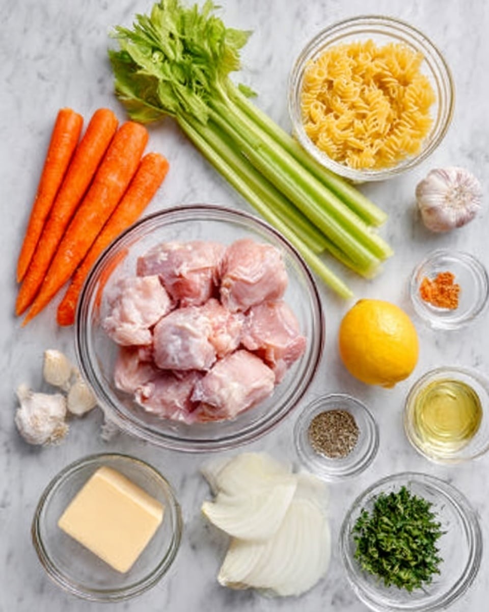 The image shows a white marbled surface with several clear glass bowls and ingredients neatly arranged. At the center is a bowl holding raw pink chicken pieces. Surrounding it are bright orange carrots on the left, fresh green celery stalks on the right, and a yellow lemon near the top right. In smaller clear bowls are a light yellow block of butter, some dried yellow pasta, and a chopped white onion. There are also small piles of spices, fresh green herbs, and garlic cloves visible. Everything is clean and bright, emphasizing the fresh ingredients ready for cooking. Photo taken with an iphone --ar 4:5 --v 7