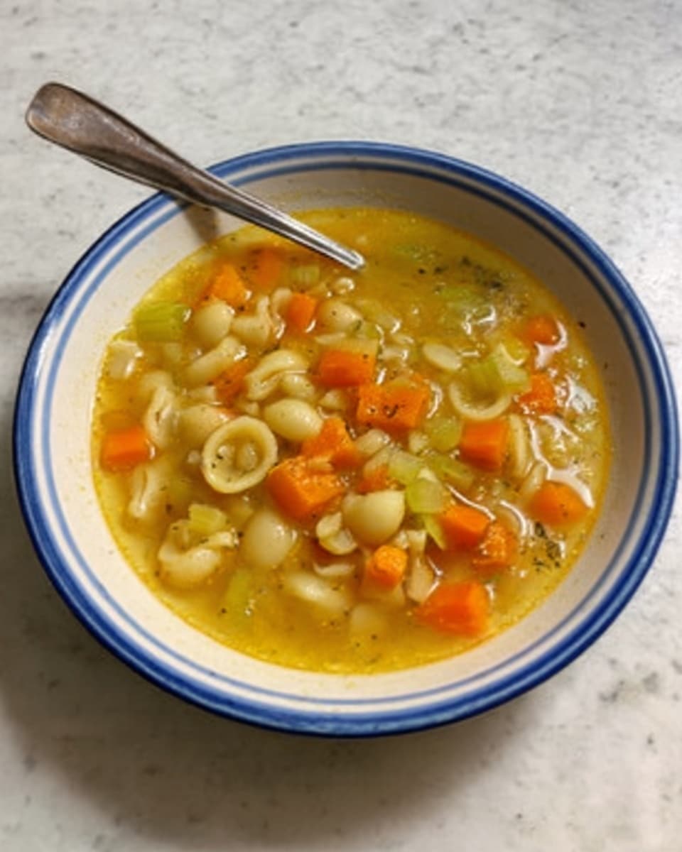 A white bowl with a blue rim filled with a yellow broth containing small orange carrot cubes, light green celery slices, and small pasta shells that are pale cream in color. There is a silver spoon resting inside the bowl on the left side. The bowl is placed on a white marbled surface. Photo taken with an iphone --ar 4:5 --v 7