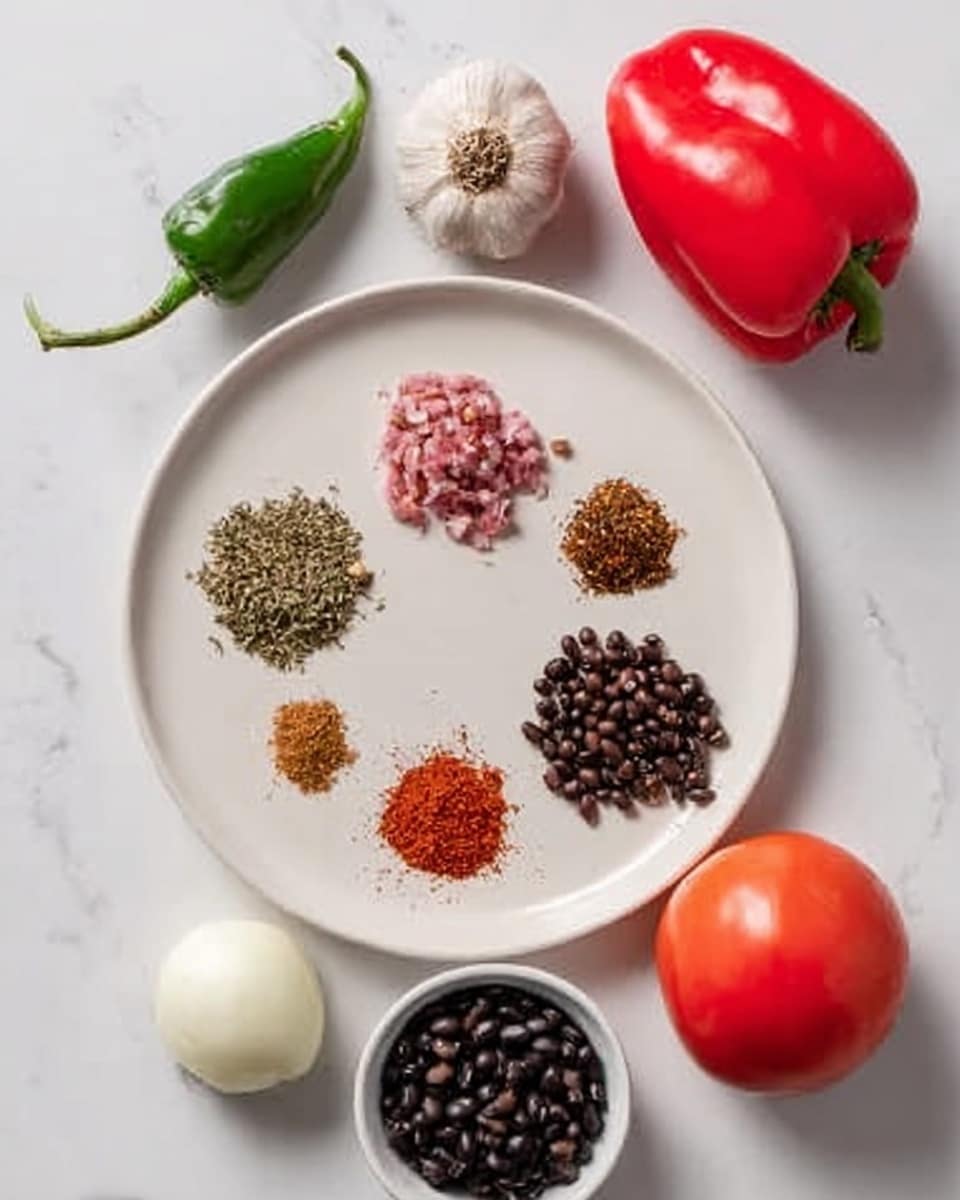 The image shows a white plate with six small piles of spices arranged in a circle on a white marbled surface. Around the plate, there is a bright red bell pepper on the upper right, a garlic bulb to its right, a small white bowl filled with black beans at the bottom right, a white onion in the lower center, a ripe red tomato on the lower left, and a green chili pepper at the top left. The spices on the plate include a pile of greenish dried herbs, finely chopped pink pieces, dark brown whole peppercorns, and three other small piles of different colored spices, each with a fine texture. The setting looks clean and organized. Photo taken with an iphone --ar 4:5 --v 7