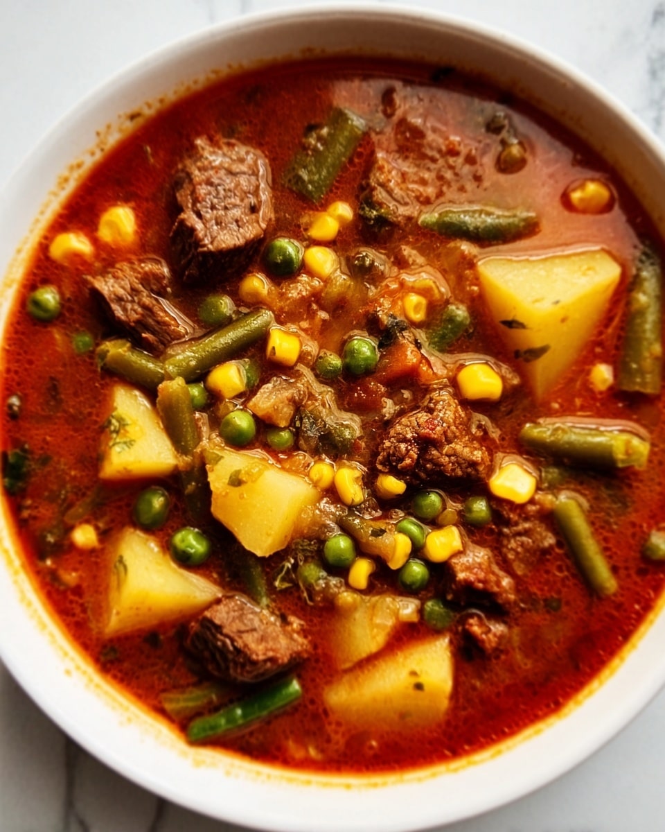 The image shows a close-up of a rich, chunky stew in a white bowl. The stew has multiple layers, including small pieces of cooked meat that are dark brown with a slightly rough texture, scattered throughout a thick, reddish-brown broth. There are bright yellow corn kernels, green peas, and green beans mixed in, along with irregular chunks of pale white potatoes. The vegetables and meats float evenly in the broth, creating a colorful and hearty mix. The bowl is placed on a white marbled surface. Photo taken with an iphone --ar 4:5 --v 7